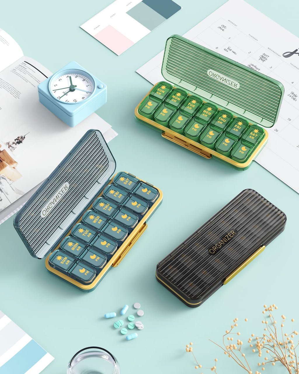 Pill Organizer 2 Times A Day, 7 Day Am Pm Pill Box - Acedada Weekly Pill Organizer Twice A Day, Portable Removable Daily Medicine Container Dispenser Case for Vitamin Fish Oil Supplement, Black Grey