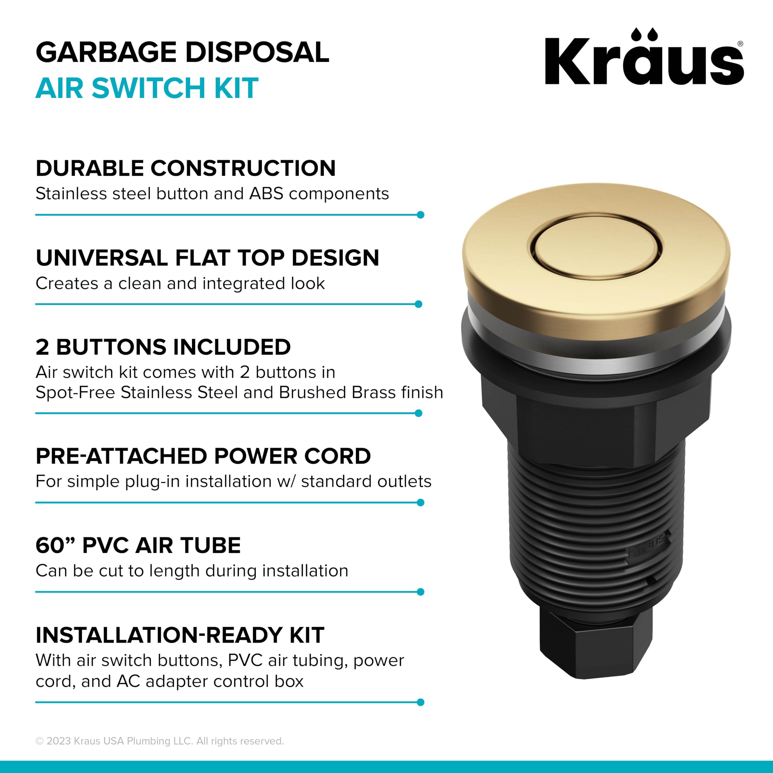 KRAUS Garbage Disposal Air Switch Kit with 2 Flat-Top Push Buttons in in Spot-Free Stainless Steel and Brushed Brass, AC Adapter, Power Cord, and Air Tube Included, KWDA-200BB