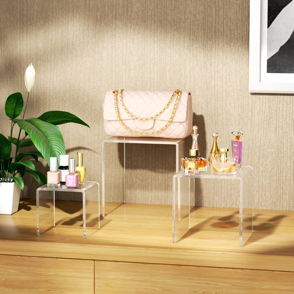 NIUBEE Acrylic Display Risers Stand 2 Sets,3 Steps Clear Riser Shelf Showcase for Amiibo Funko POP Figures -3"x3"x4"