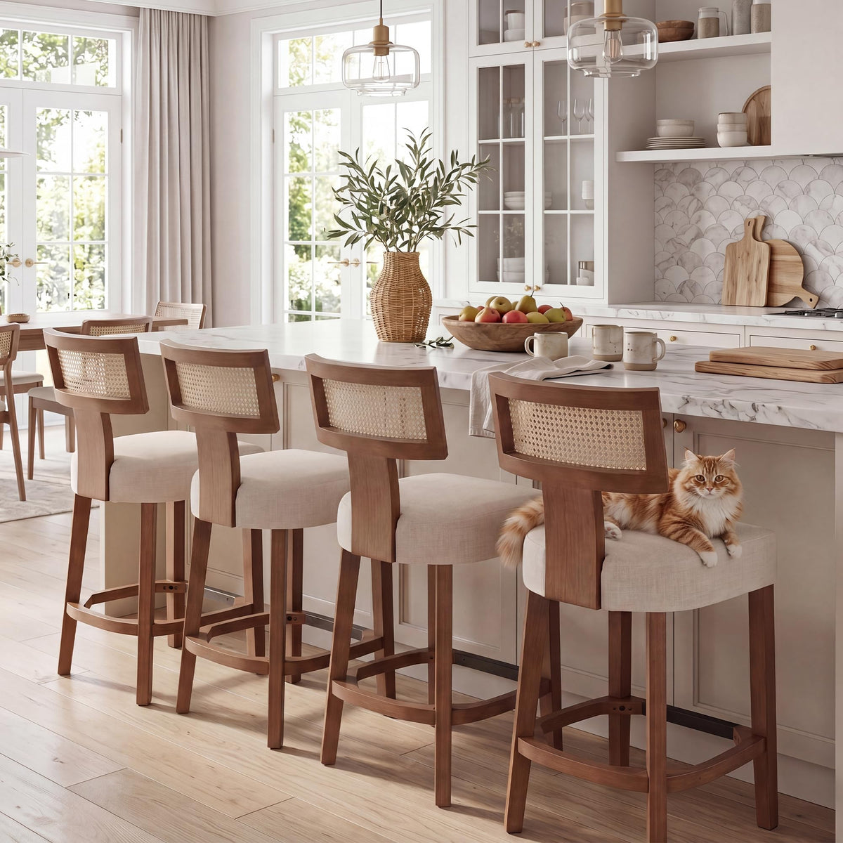 Farmhouse 30'' Extra Tall Bar Stools Set of 2 Modern Counter Height Barstools with Backs Rustic Wood Bar Stools Linen Upholstered Counter Chairs Kitchen Island Stool Chairs with Wood Frame, Beige