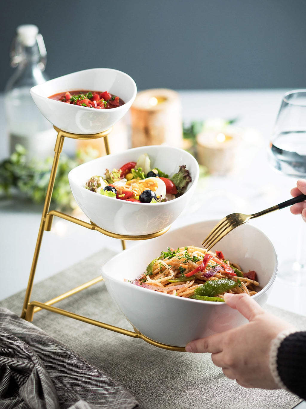 Miamolo 3 Tier Serving Bowls with Stand for Entertaining Party | Ceramic, Chip and Dip Set | Food Display for Fruit Salad Snacks | Space-saving Storage | Microwave & Dishwasher Safe