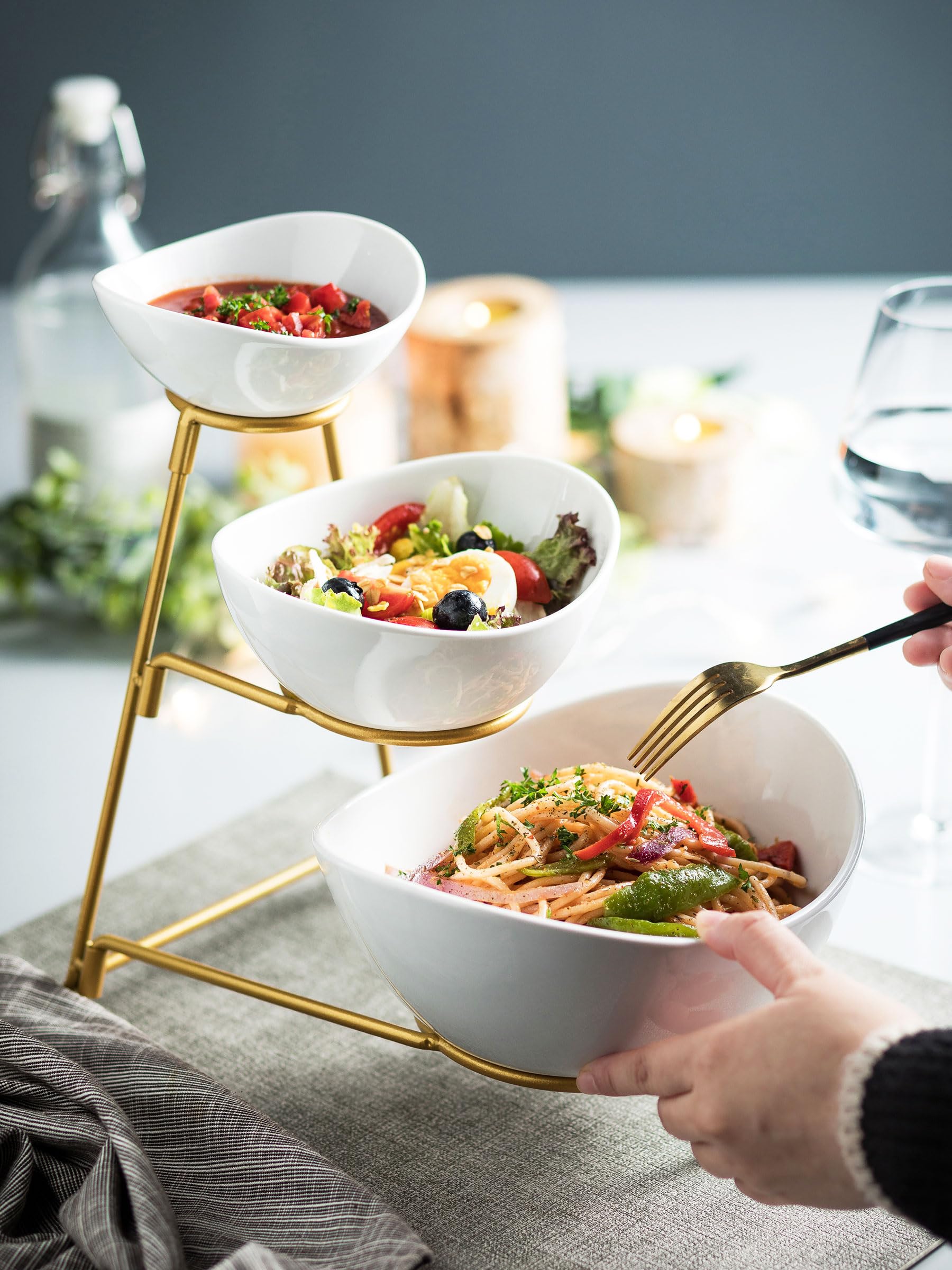 Miamolo 3 Tier Serving Bowls with Stand for Entertaining Party | Ceramic, Chip and Dip Set | Food Display for Fruit Salad Snacks | Space-saving Storage | Microwave & Dishwasher Safe