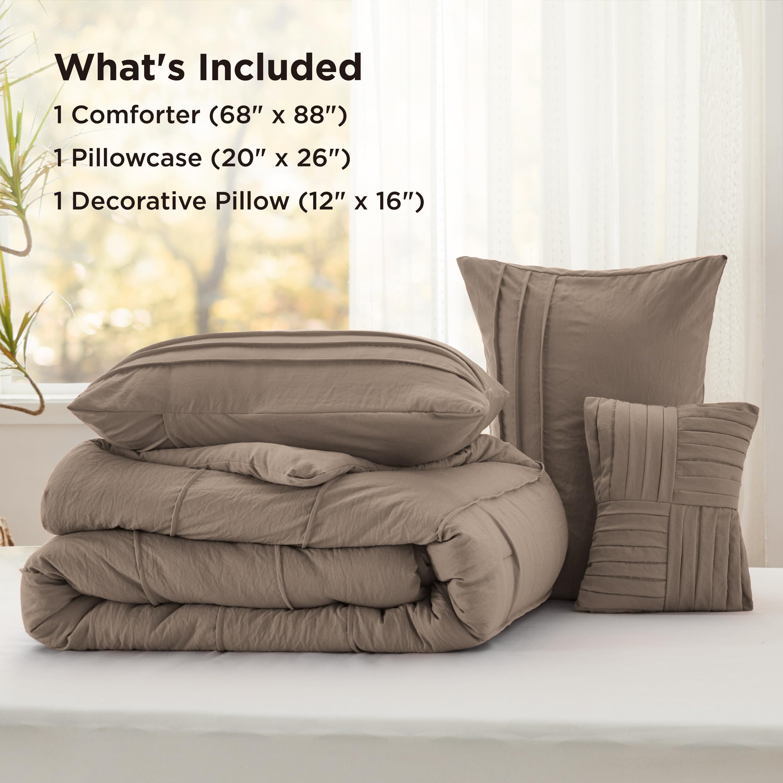 Bedsure Twin Comforter Set - 3 Pieces Pinch Pleat Bed Set, Beige Boho Bedding for All Season, 1 Soft Comforter, 1 Pillowcase, 1 Decorative Pillow