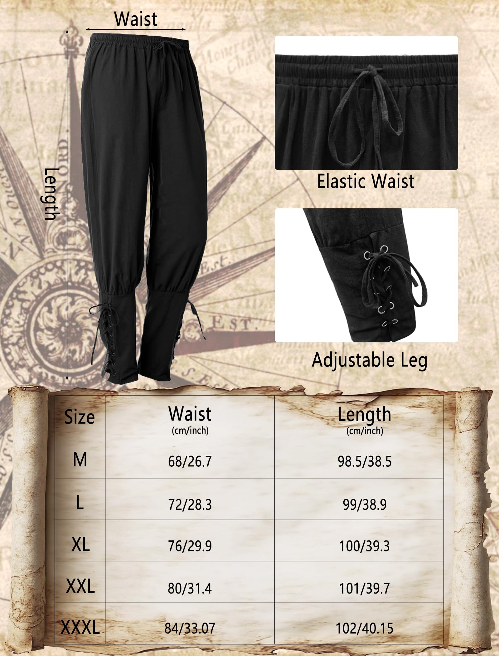 Verceco Mens Pirate Costume Outfit Renaissance Costume Men Medieval Outfit With Pirate Pants Shirts Sash Accessories (Black, Medium)