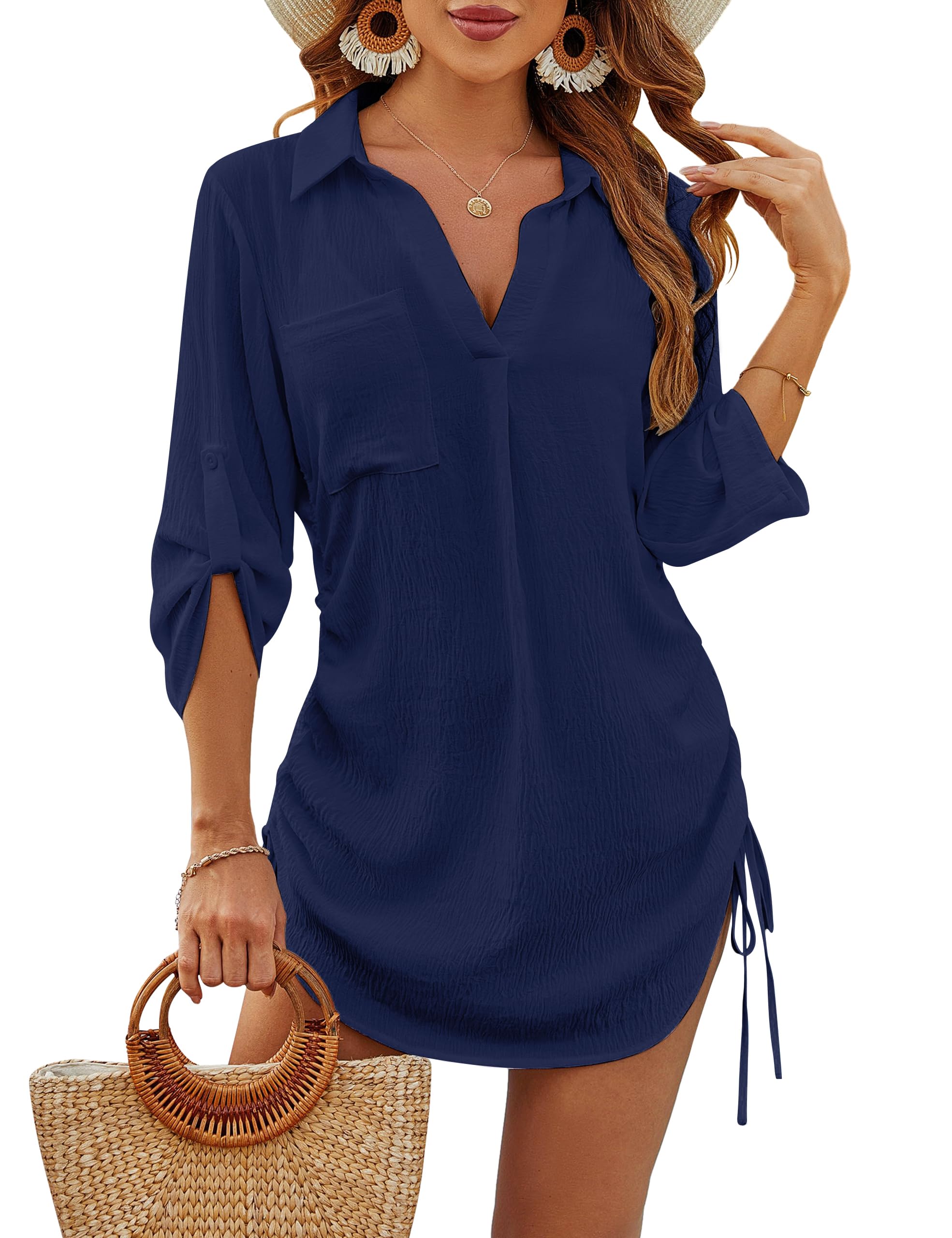 Blooming Jelly Womens Bathing Suit Cover Ups Bikini Swimsuit Coverup Drawstring Beach Dress Shirt