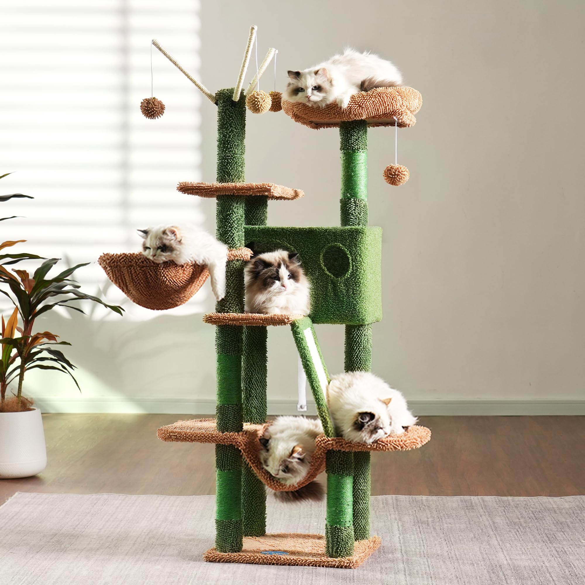 Hey-brother Cat Tree, 53 inch Cat Tower for Indoor Cats, Cat House with Padded Platform Bed, Toy Balls, Large Cozy Condo, Hammocks and Sisal Scratching Posts, Beige MPJ019-SM