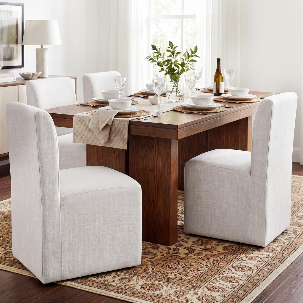 DUHOME Upholstered Dining Chair with Casters,Armless Modern Rolling Linen Dining Chairs with Wheels for Dining Room Bedroom Reading Room Living Room