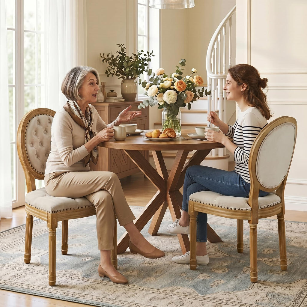 SoarFlash Linen French Dining Chairs Set of 2, Vantage Dining Chair with Round Back, Wood Leg Farmhouse Country Dining Chair for Living Room,Kitchen,Bedroom,Beige
