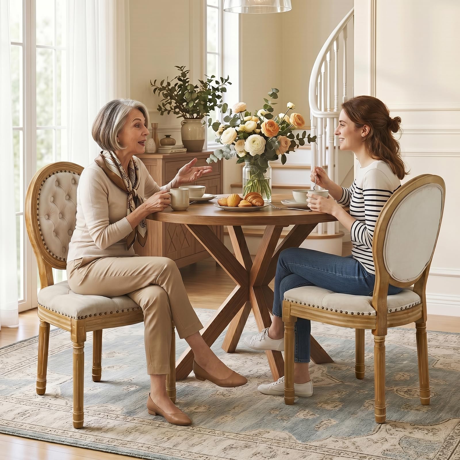 SoarFlash Linen French Dining Chairs Set of 2, Vantage Dining Chair with Round Back, Wood Leg Farmhouse Country Dining Chair for Living Room,Kitchen,Bedroom,Beige