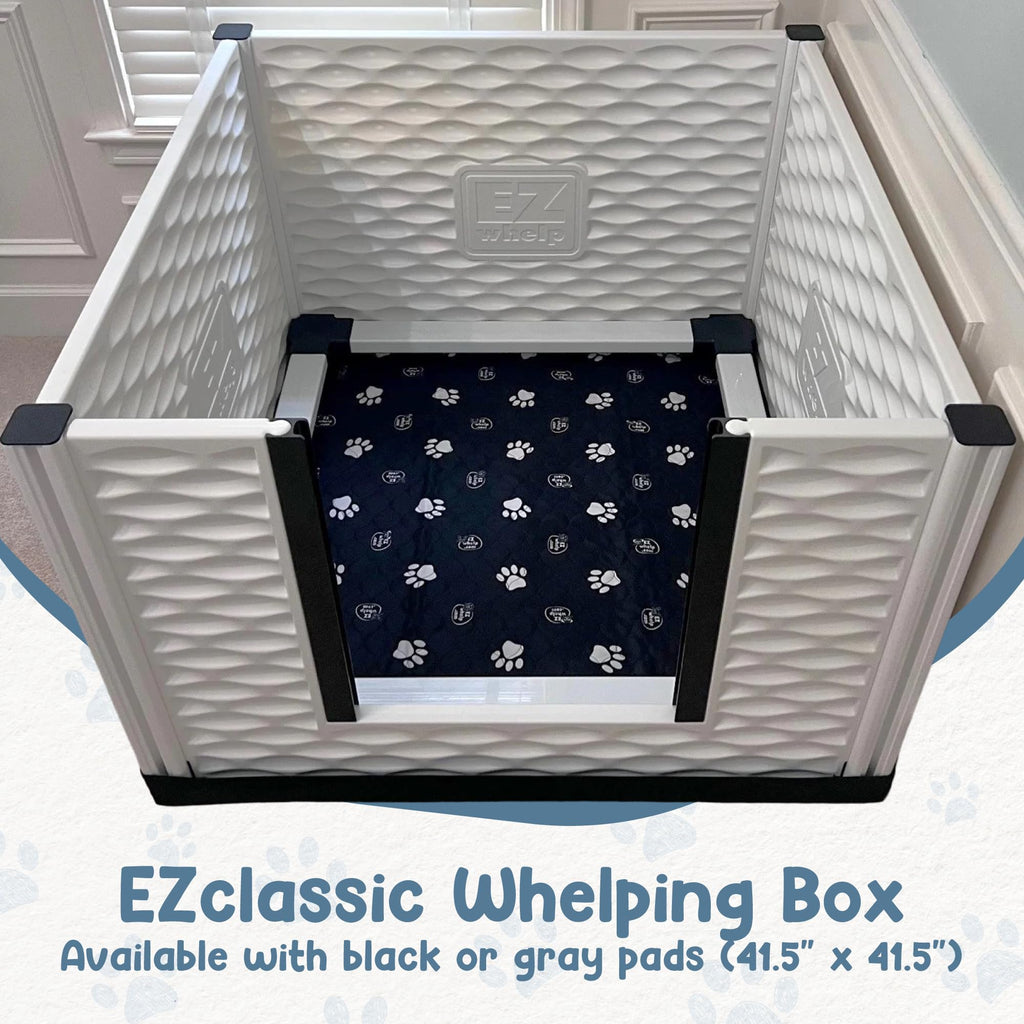 EZwhelp EZclassic Windowed 48"x48"x18" Whelping Box with Rails and Windowed Walls, Padded Dog Whelping Box, Black Pad