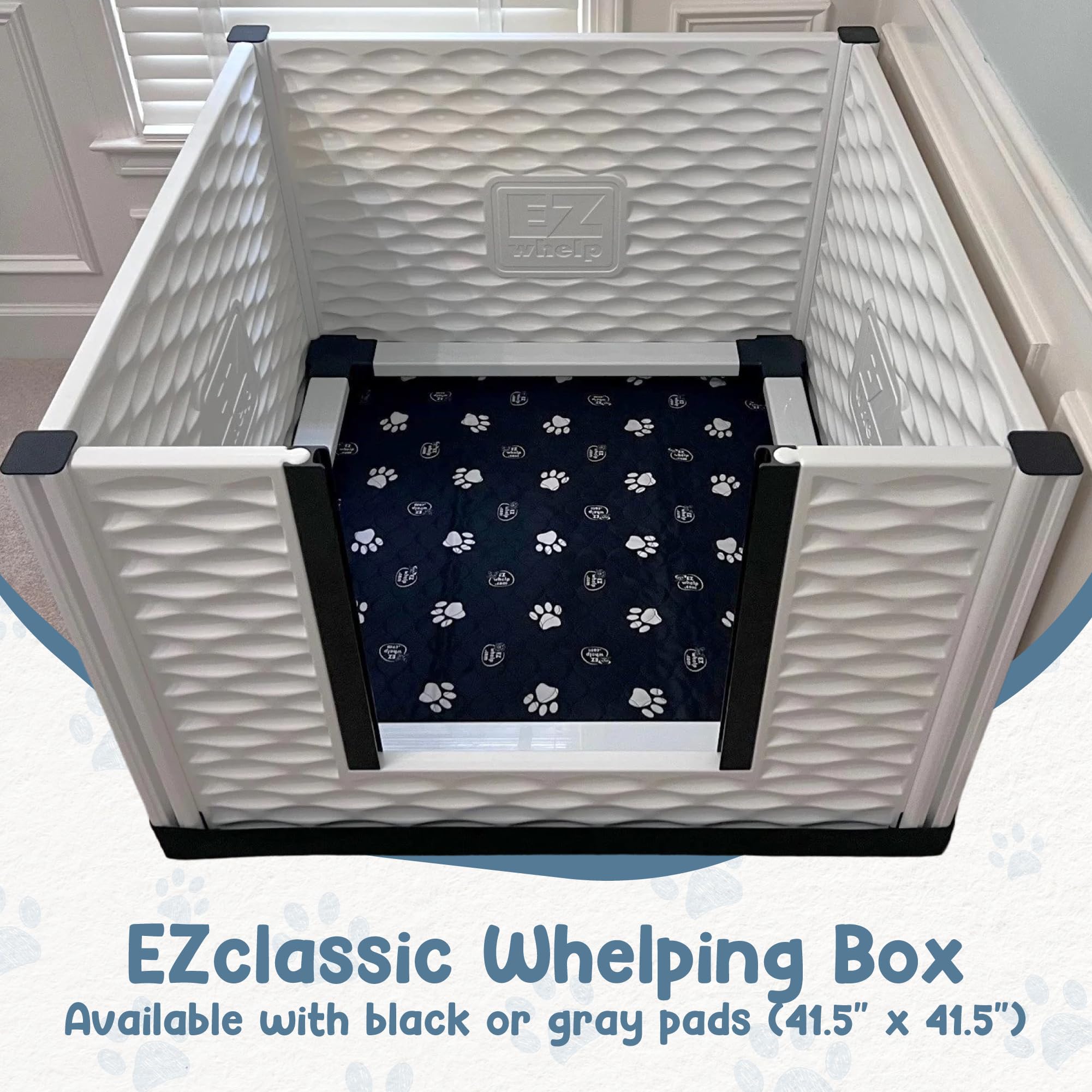 EZwhelp EZclassic Windowed 48"x48"x18" Whelping Box with Rails and Windowed Walls, Padded Dog Whelping Box, Black Pad