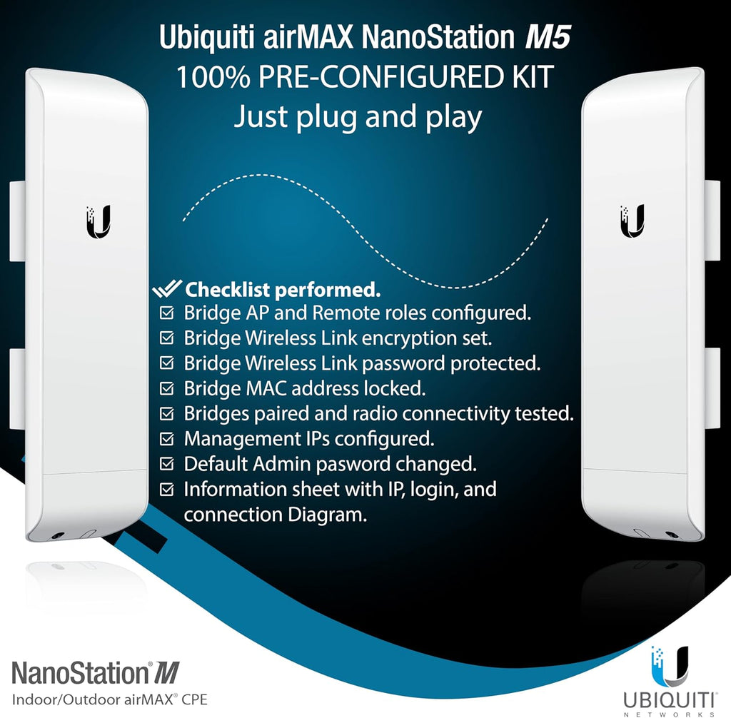 Wireless Bridge Ubiquiti NanoStation M5 PRE-CONFIGURED Bundle of 2 Ubiquiti airMAX NSM5-US, Point to Point Outdoor WiFi Bridge, Plugh and Play, 5GHz, 150+Mbps, 15+km Link Range, Network WiFi Bridge.