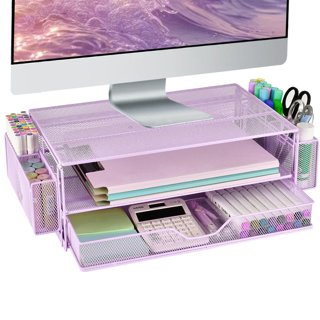 AUPSEN 2 Tier Computer Monitor Stands with Drawer and 2 Pencil Holder, Metal Monitor Stand Monitor riser, Computer Desk Organizer and Accessories for Laptop, Computer, Printer, Office Supplies(Black)