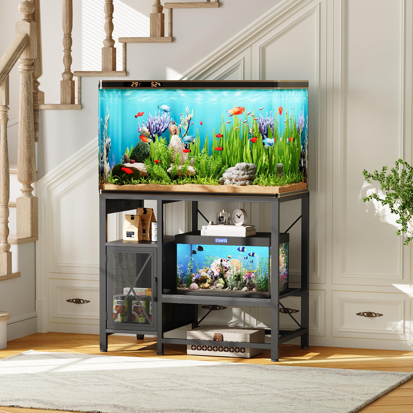 MAHANCRIS 20-37 Gallon Fish Tank Stand, Aquarium Stand with Power Outlet and Storage Cabinet, Heavy Duty Tank Stand Suitable for Turtle Tank, Reptile Terrarium, for Home Office, Black FTHB40E01