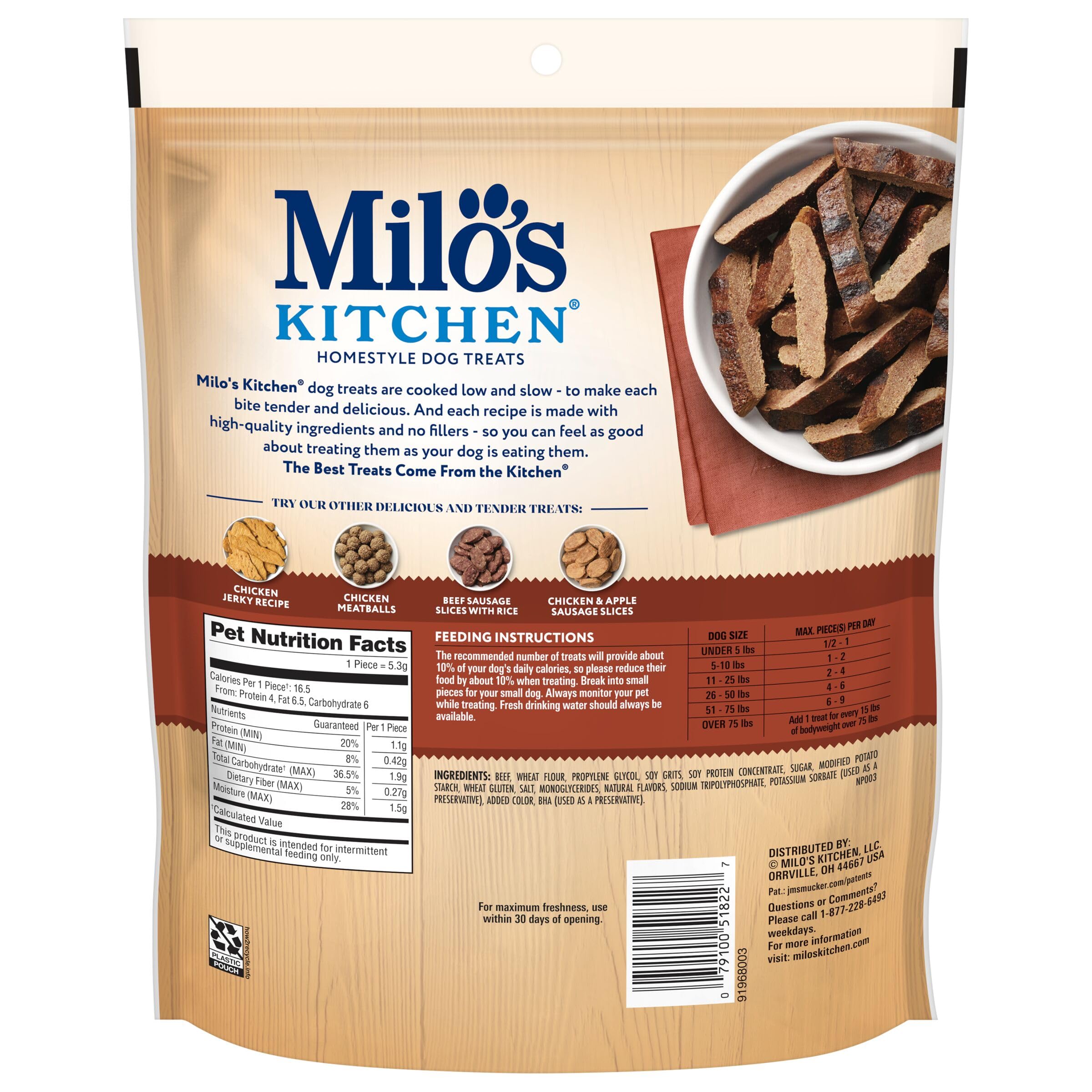 Milo's Kitchen Homestyle Dog Treats, Beef Sausage Slices, 10 Ounce, High Protein, No Artificial Flavors