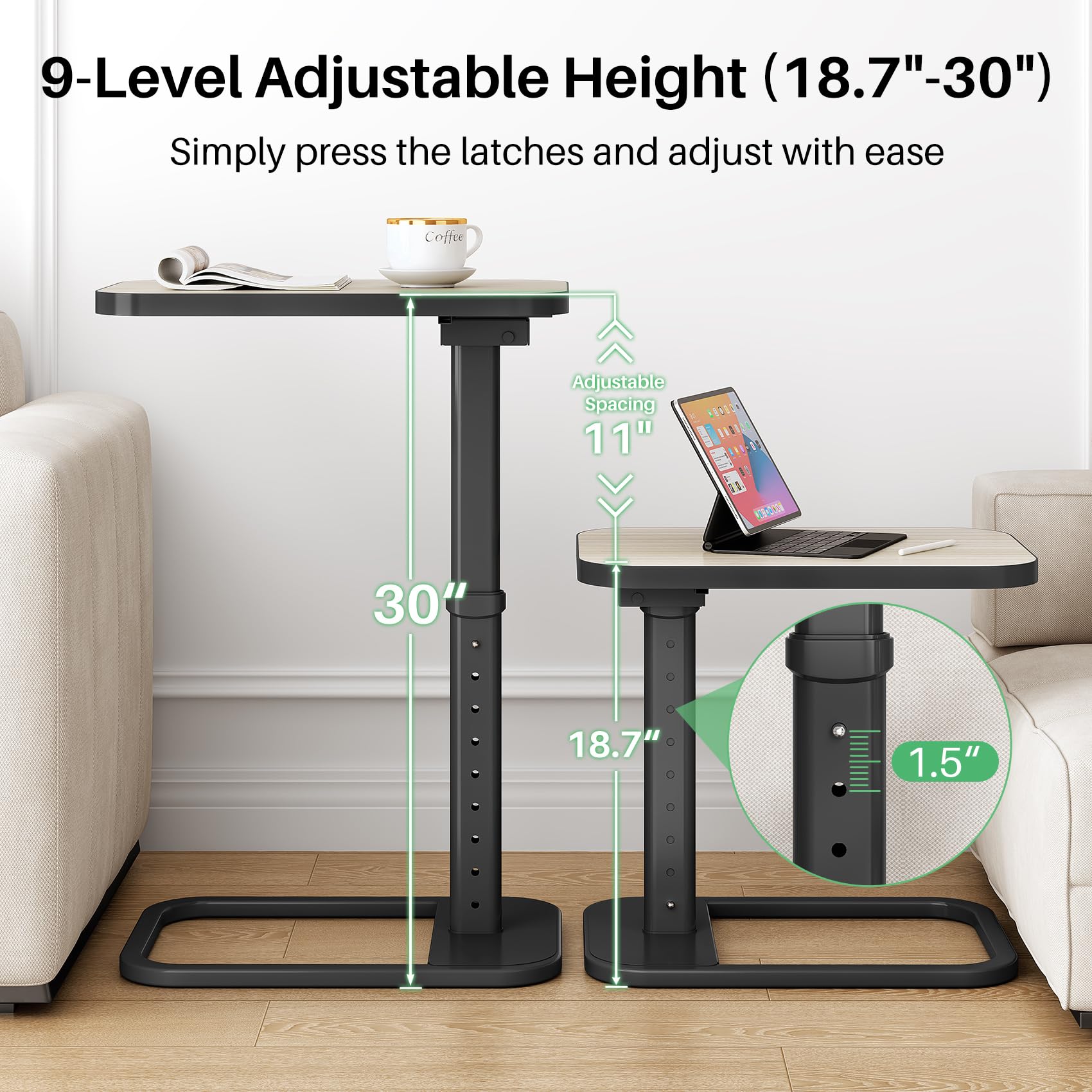 Kitstorack TV Tray Table, Adjustable Height & Rounded Metal Corners, Snack Table for Couch, Sofa, Bed, Chair, Living Room, C Shaped End Side Table for Eating, Dinner or Laptop, Small Spaces, Black