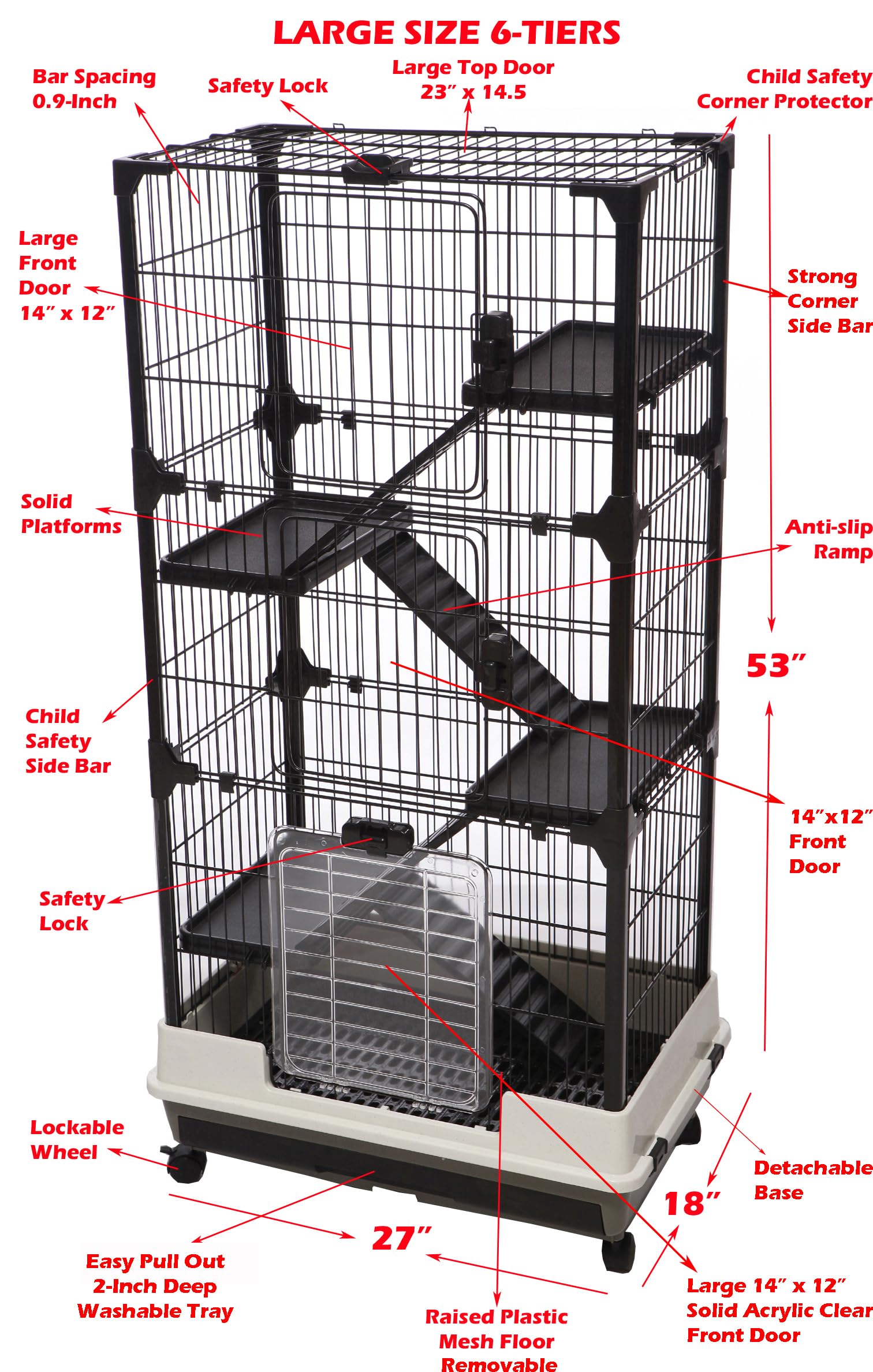 Deluxe 2-Level in/Outdoor Rabbit Hutch Cage for Ferret Squirrel Chinchilla Paw Safe Solid Platform Ramp Mesh Floor Pull Out Leakproof Easy Clean 2-Inch Deep Tray Large Access Doors Lockable Casters