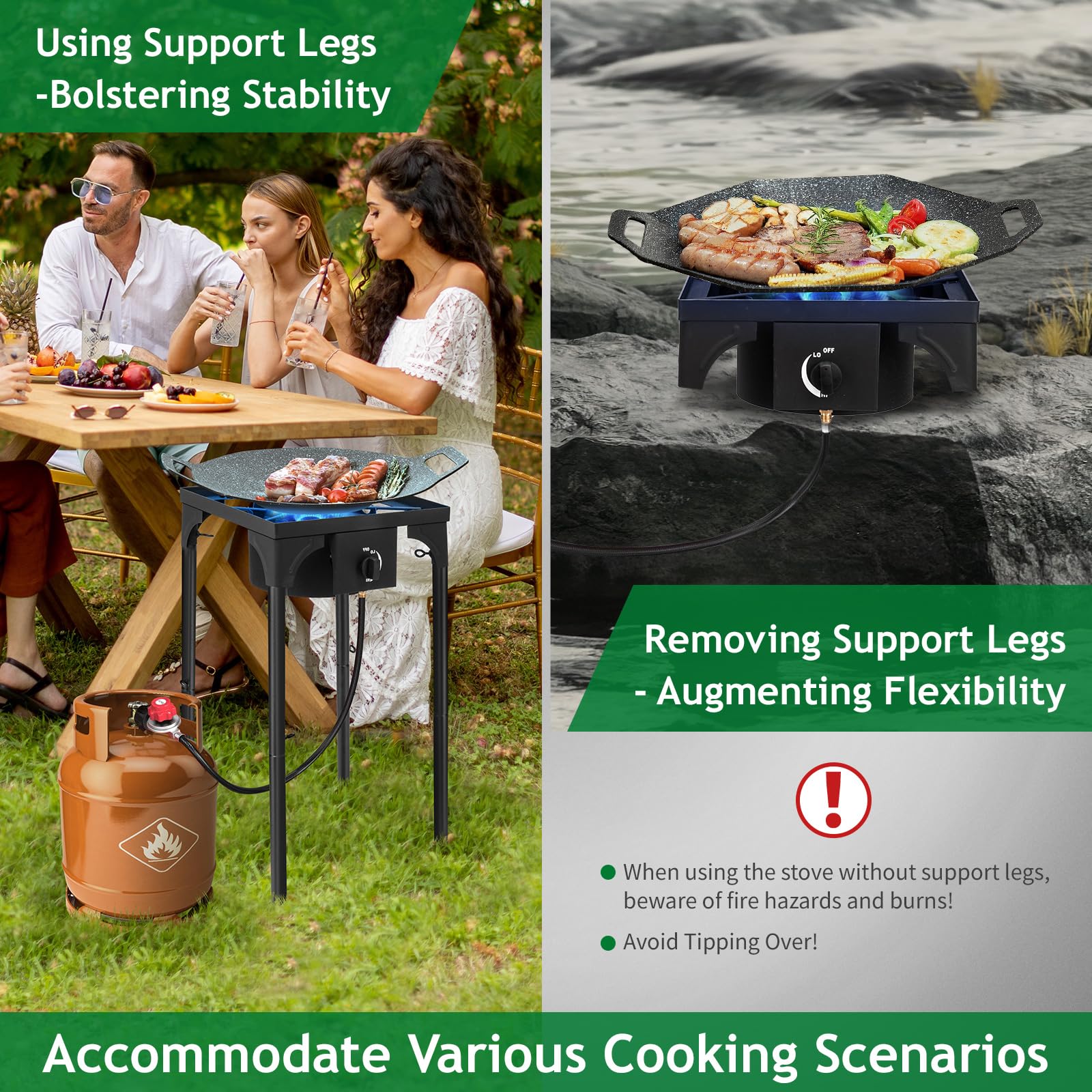 Outvita 2 Burner Propane Gas Stove for Outdoor Cooking, 150,000 BTU Camping Cooker with Removable Legs, Temperature Control Knobs for Backyard Cooking, BBQ, Baking and Frying