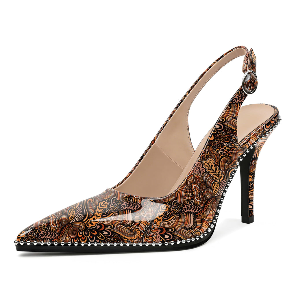 Zamikoo Women Beaded Pumps High Heel Slingback Pointed Toe Slip On 3.5 Inch Stilettos Ankle Strap Adjustable Buckle Patent Leather US Size 5 -Size 13