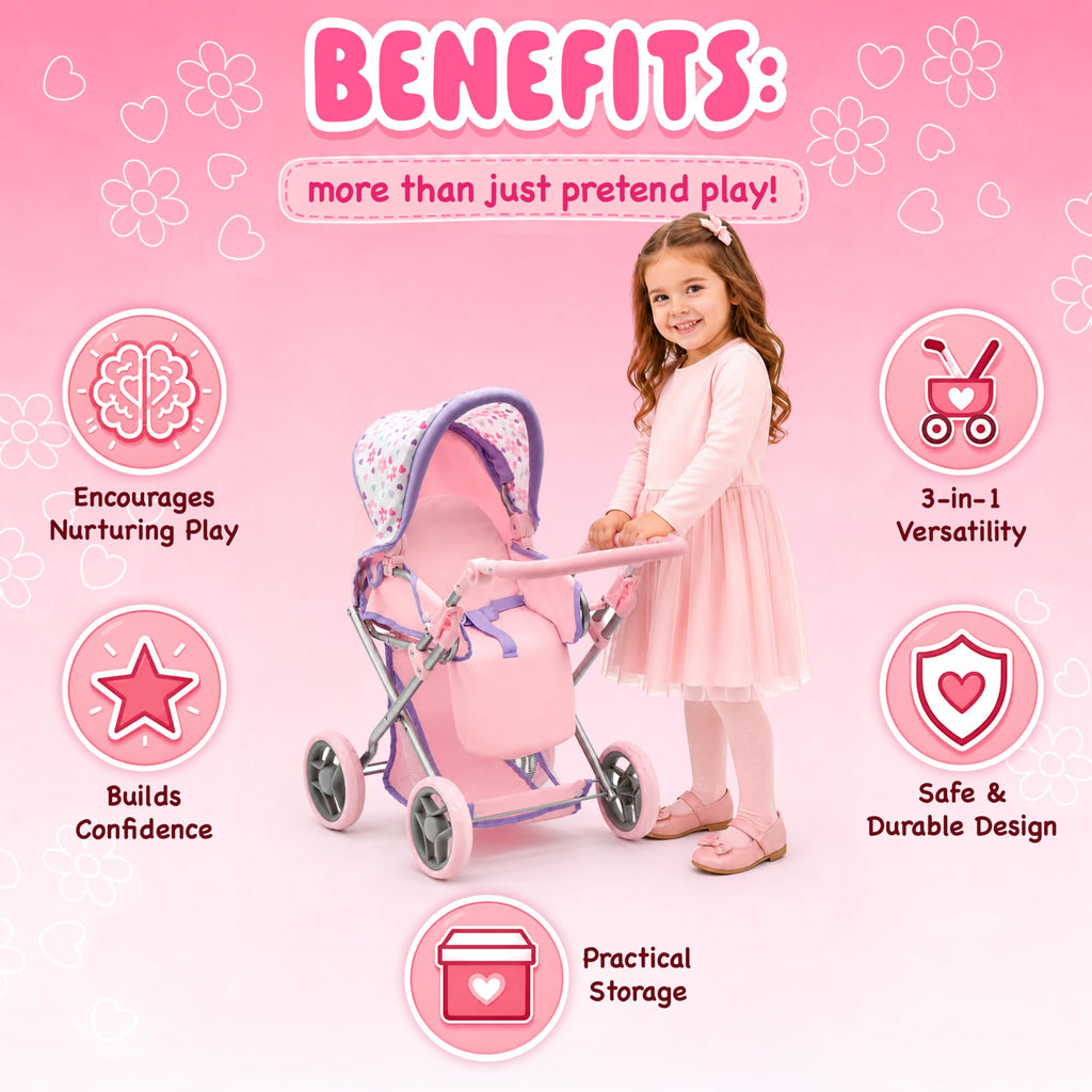 Baby Doll Convertible Pram Stroller with Removable Travel Bassinet Carrier for Kids Adjustable Handle Buggy Carriage with Canopy and Storage Basket 25 Inch Pink, Black