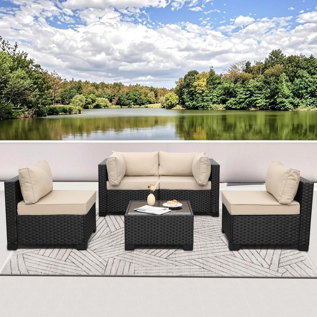 WAROOM Outdoor 5 Piece Patio Furniture Set, Black Rattan Conversation Couch Resin Wicker Sectional Sofa Outside Chair with Coffee Table, Grey Cushion
