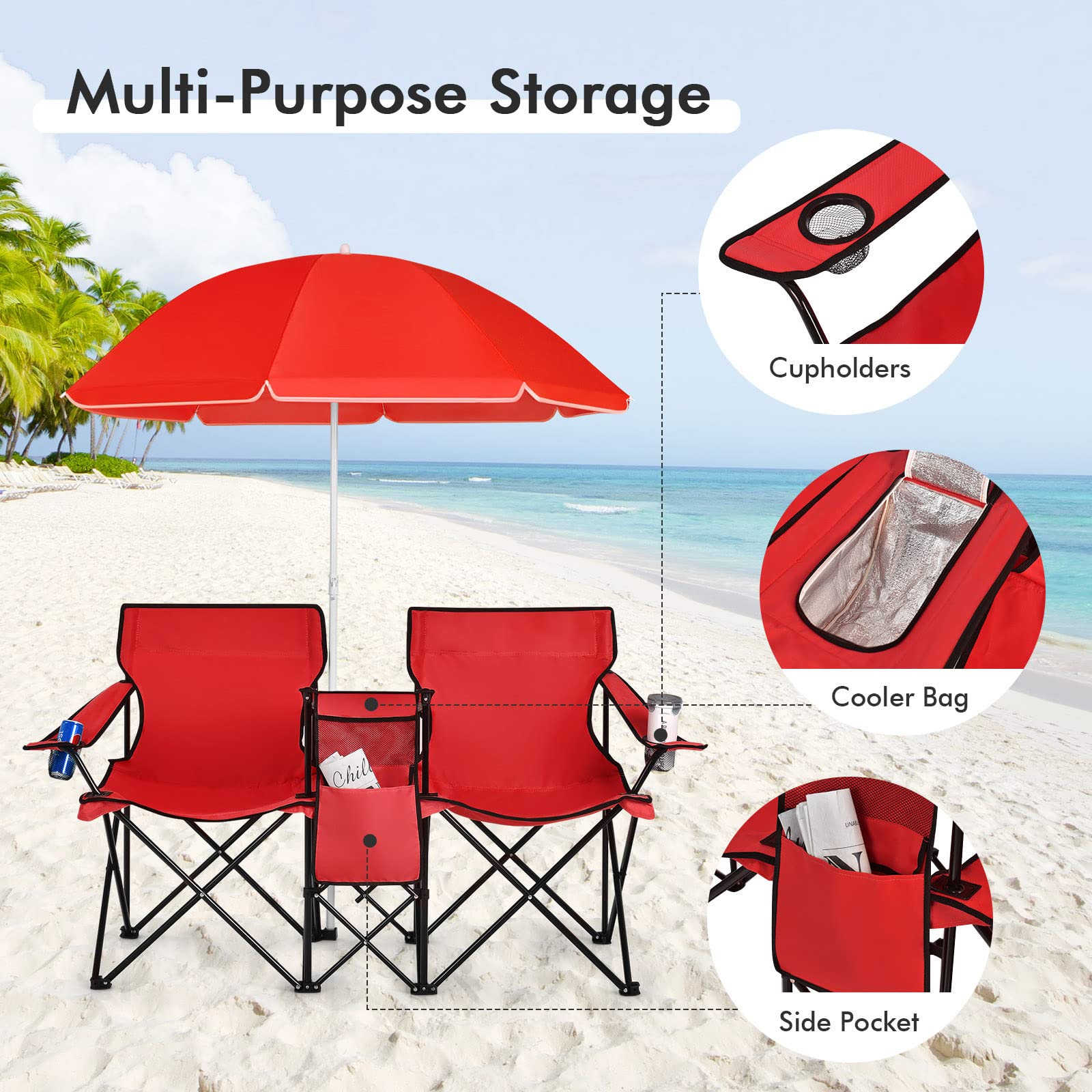 COSTWAY Double Portable Picnic Chairs, Folding Camping Chairs w/Detachable Umbrella, Cooler Bag, Cup Holders, Patio Beach Camping Chairs for Outdoors
