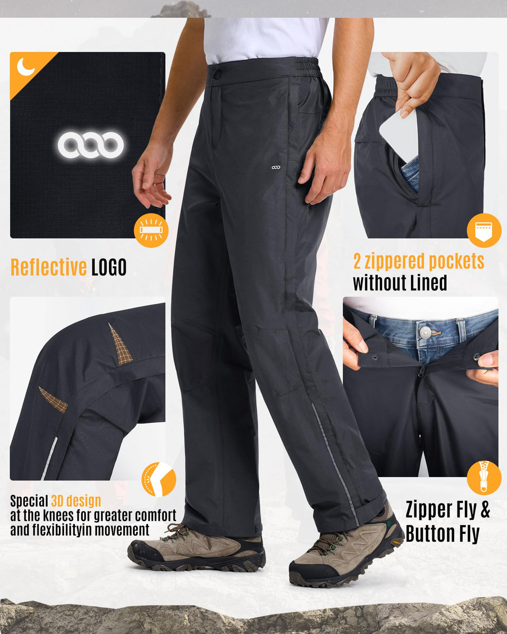 33,000ft Men's Rain Pants Full Zip Waterproof Pants Breathable Rain Over Trousers for Outdoor Hiking Golf Work