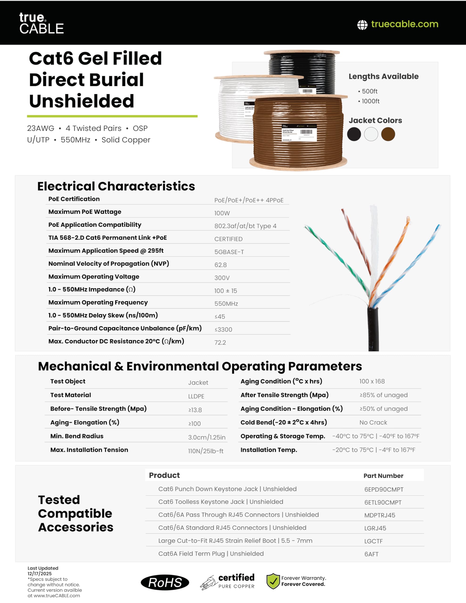TRUE CABLE Cat6 Direct Burial Bulk Ethernet, Gel Filled, Unshielded, 500ft, Black, Outdoor OSP Jacket, Waterproof, UV Resistant, 23AWG Solid Bare Copper, 550MHz, PoE++ (4PPoE)