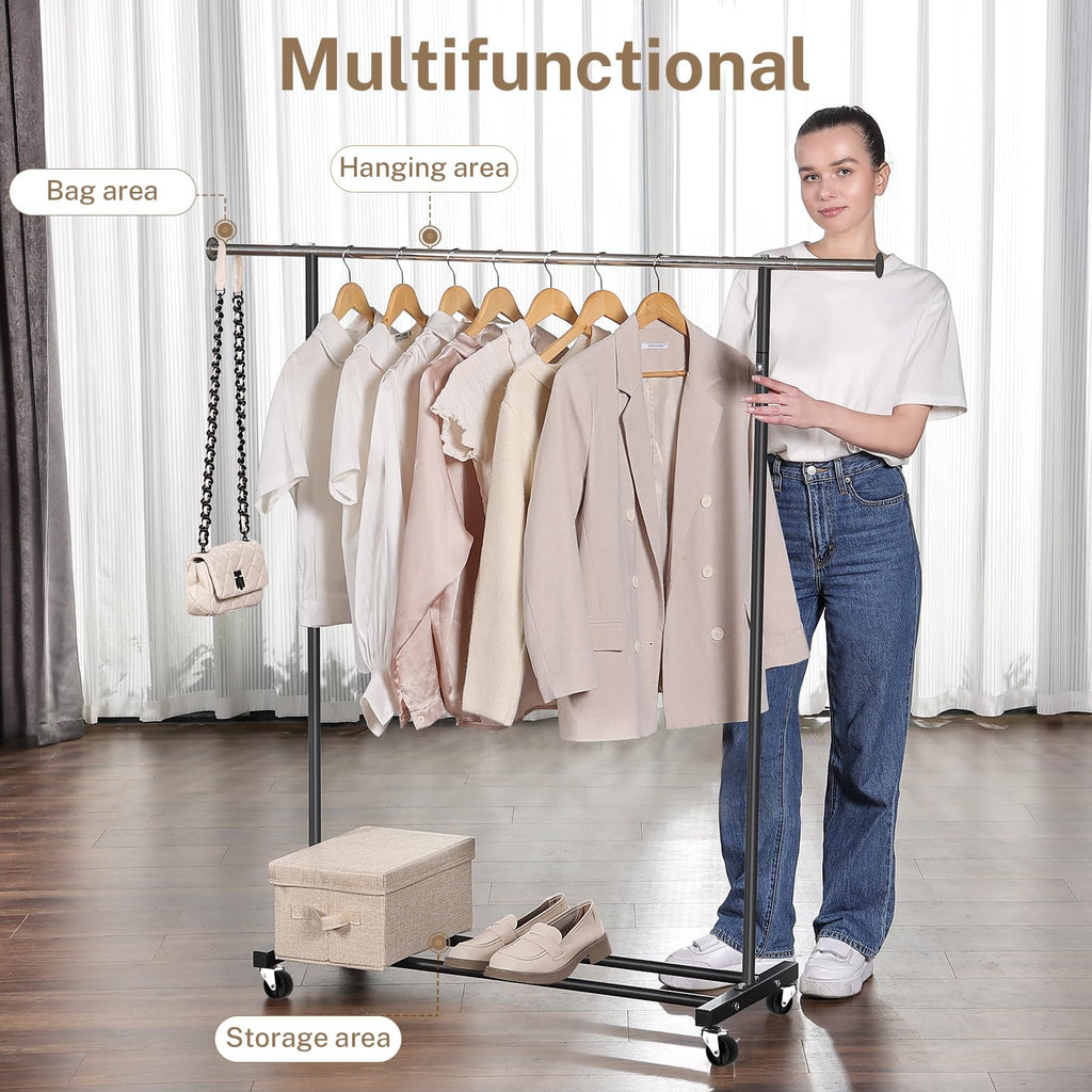VICERII Clothing Rack, 55.51 Inch Heavy Duty Clothes Rack Rolling Garment Rack with Wheels and Bottom Shelf, 130LB Capacity Clothes Racks for Hanging Clothes, Coats, Shirts, Sweaters, Skirts, Black