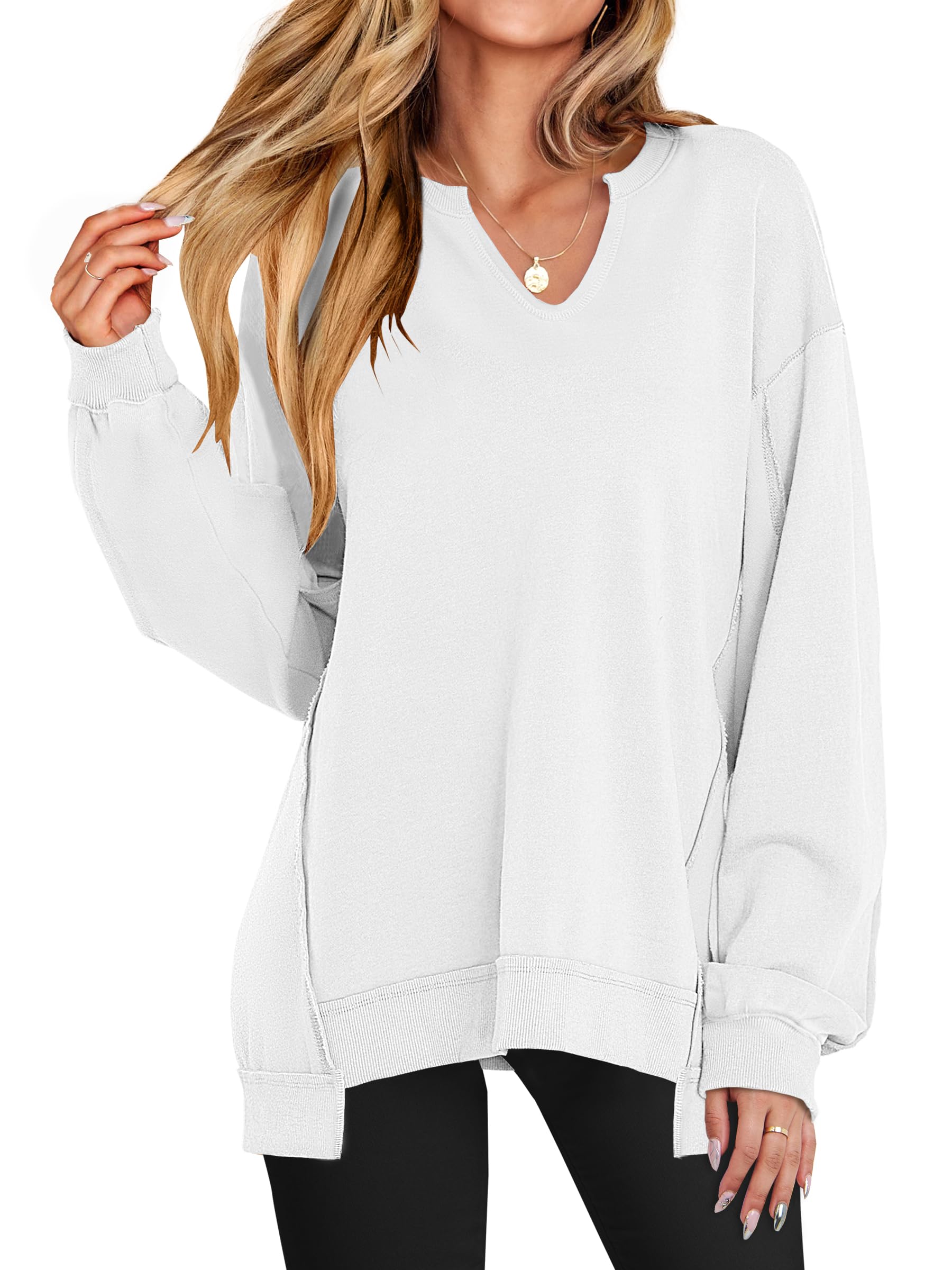 ANRABESS Women's Long Sleeve V-Neck Oversized Sweatshirts | Soft Lightweight Loose Fit Pullover Tops, Casual School Workout Office Tunic Shirts, Teen Girls Outfit, Fall Winter Clothes