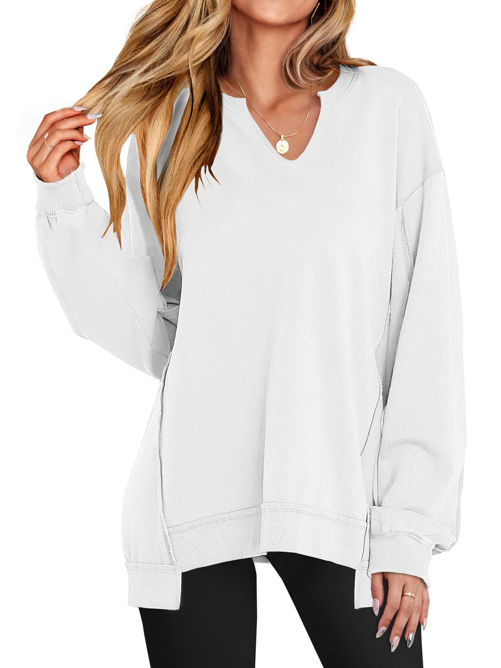 ANRABESS Women's Long Sleeve V-Neck Oversized Sweatshirts | Soft Lightweight Loose Fit Pullover Tops, Casual School Workout Office Tunic Shirts, Teen Girls Outfit, Fall Winter Clothes