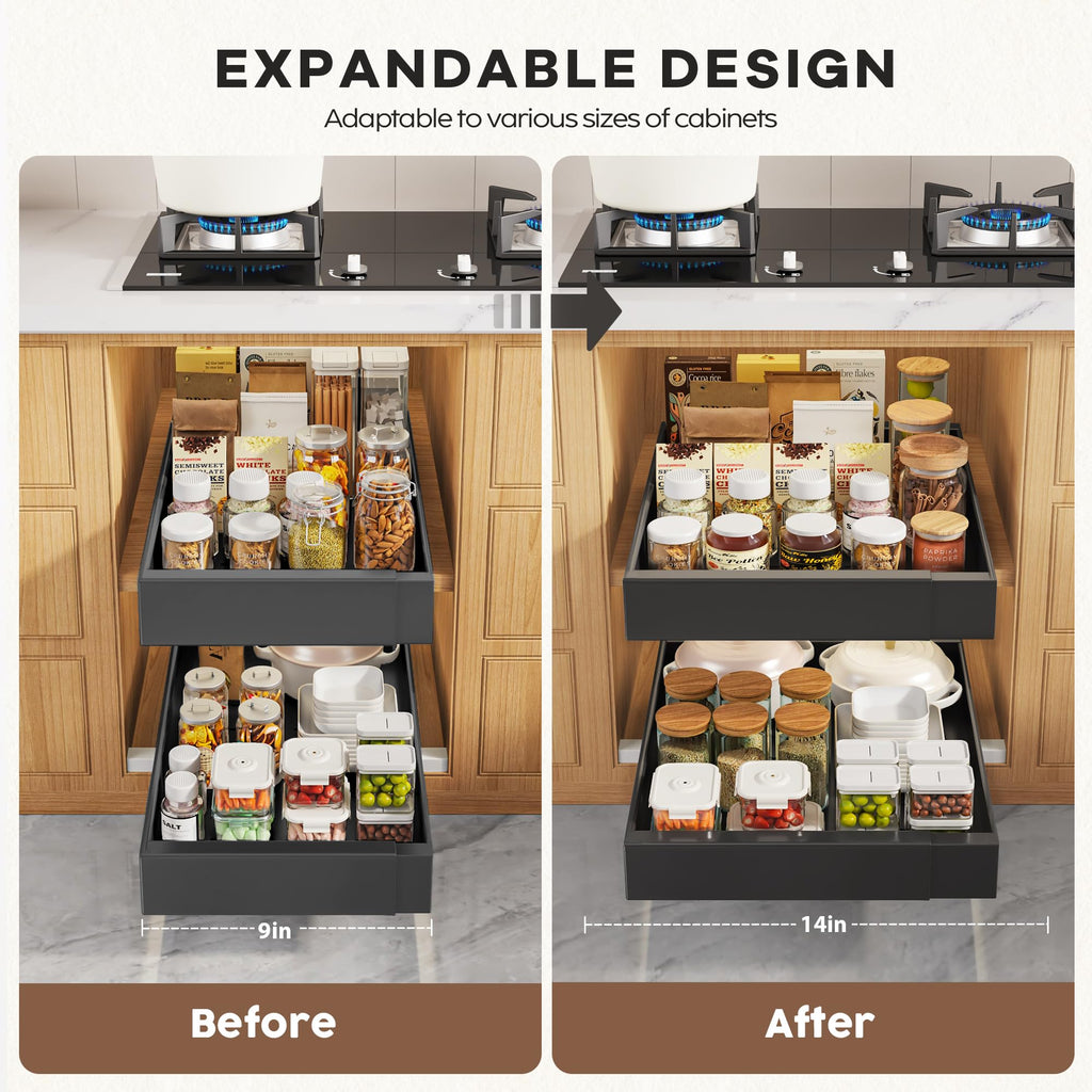 Seinloes 4 Pack Pull Out Cabinet Organizers 21" Deep With Raising Pad for Framed Cabinets, Expandable Width (15.2"-26.3") Slide Out Drawers Upgrade 3 Slide Rails, Roll Out Shelves Adhesive, Black