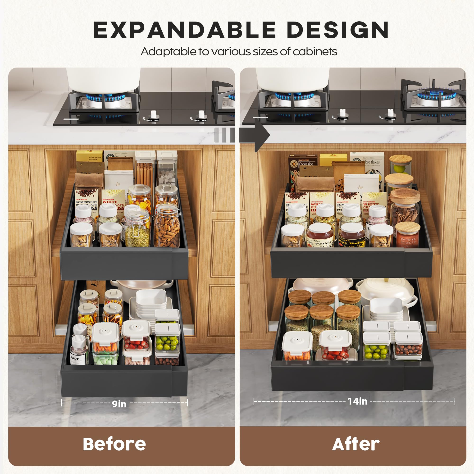 Seinloes 4 Pack Pull Out Cabinet Organizers 21" Deep With Raising Pad for Framed Cabinets, Expandable Width (15.2"-26.3") Slide Out Drawers Upgrade 3 Slide Rails, Roll Out Shelves Adhesive, Black