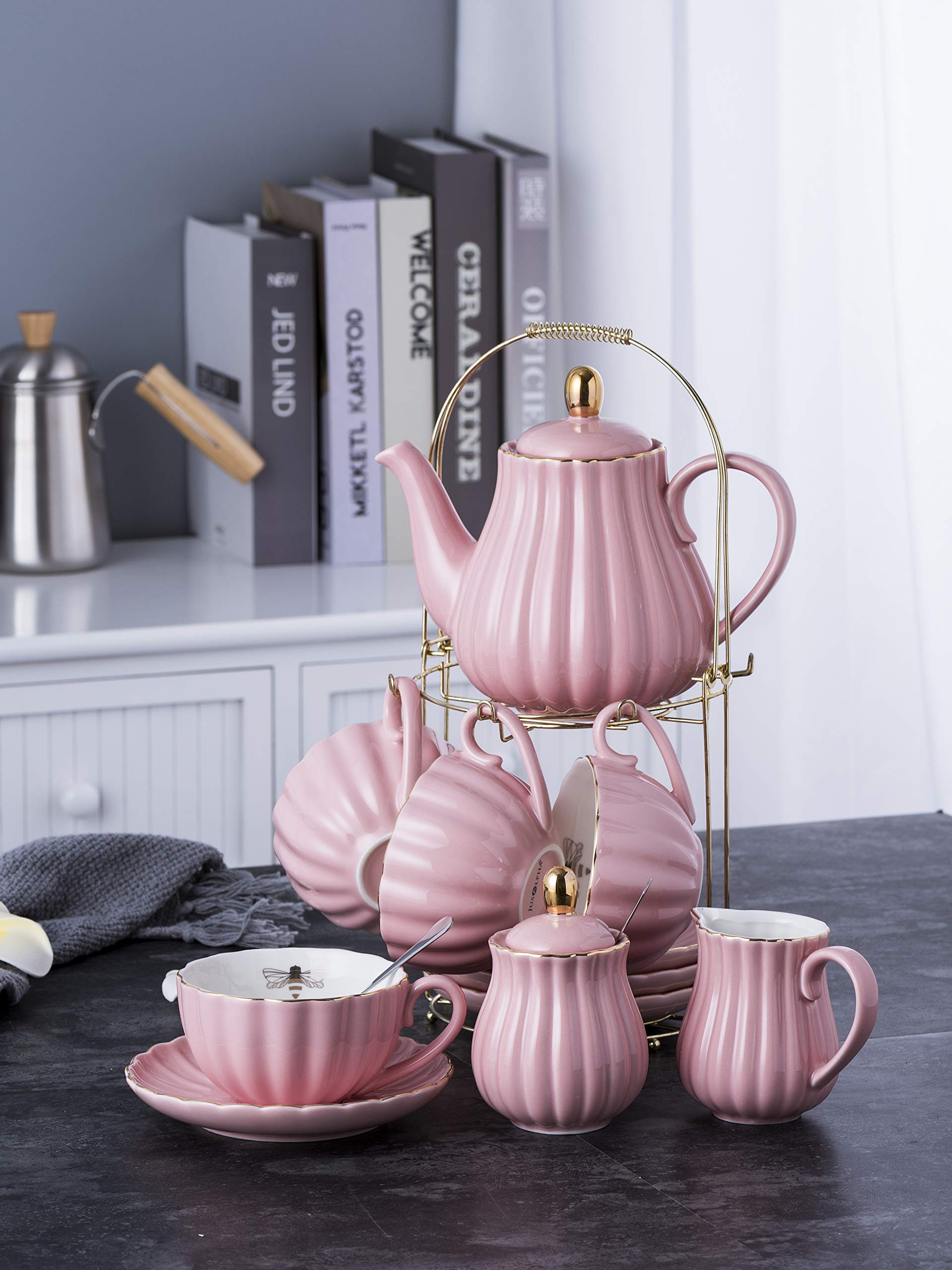Jusalpha Serve for 6- Fine China Pink Coffee Cup/Teacup Set, 8 OZ Cups& Saucer, with Teapot-Sugar Bowl-Cream Pitcher Teaspoons and tea strainer for Tea/Coffee (Lavender, Serve of 6)
