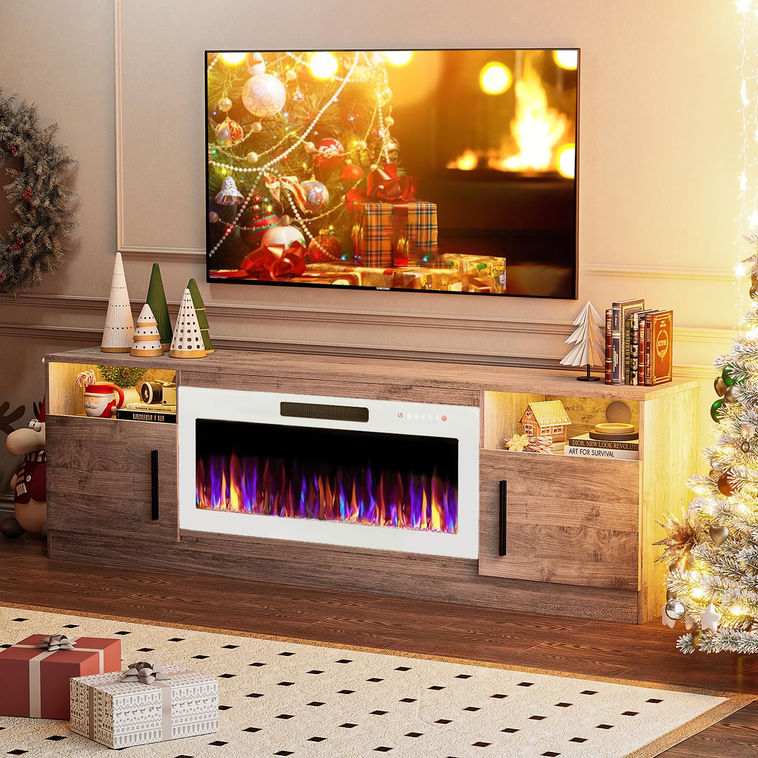 VITESSE 58 Inches Fireplace TV Stand for TVs up to 65 Inches Console with 18'' Electric Fireplace & Remote,Wooden Modern Entertainment Center for Living Room with LED Light Glass Shelves（Bei）