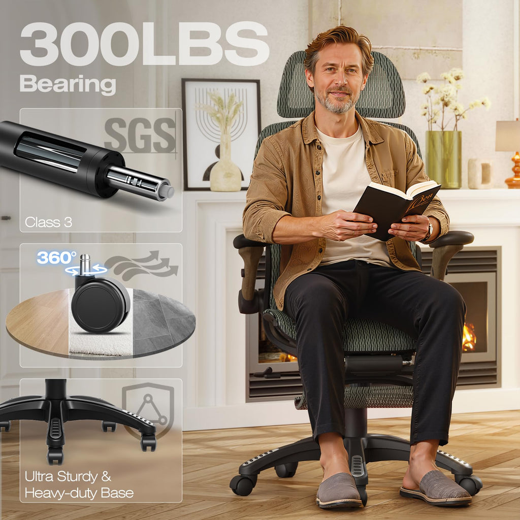 ELABEST X100 Ergonomic Office Chair with Footrest, Big and Tall Home Desk Chair with 5D Flip-Up Arms, Adjustable 3D Lumbar Support,High Back Rolling Computer Chair, Swivel Mesh Chairs (Coffee Break)