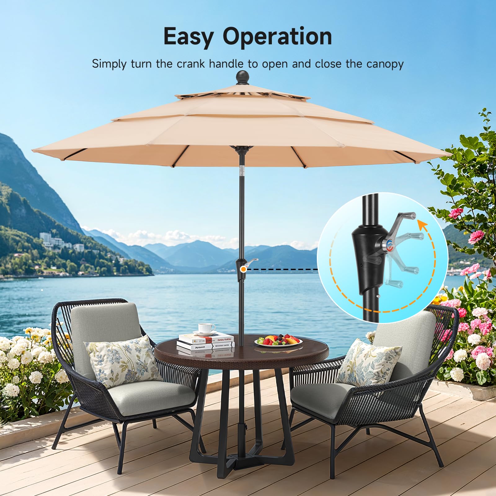 ONBRILL 10 FT Patio Umbrella, 3 Tier Outdoor Table Umbrella with 8 Sturdy Glass Fiber Ribs and Push Button Tilt, Outdoor Patio Umbrellas for Market Pool Garden Backyard, 1.5" Pole, Blue (No Base)