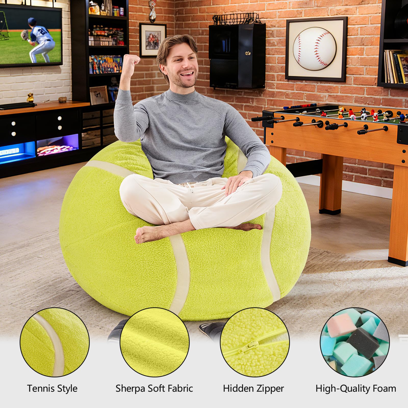 Sports Baseball Bean Bag Chair - Luxurious Bean Bag Chairs for Kids Teens Adults - Floor Sofa Couch with Filler - Plush BeanBag Furniture for Living Room Bedroom College Dorm - 32 Inch
