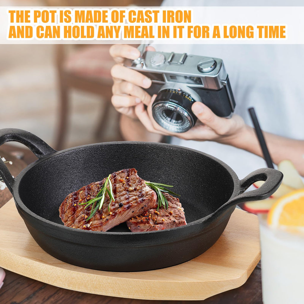 Sliner 4 Sets Mini Cast Iron Skillet Small Cast Iron Plates Skillet with Wooden Base Small Round Pan Fajita Plate Pot for Baking Cooking(3.9 Inch)