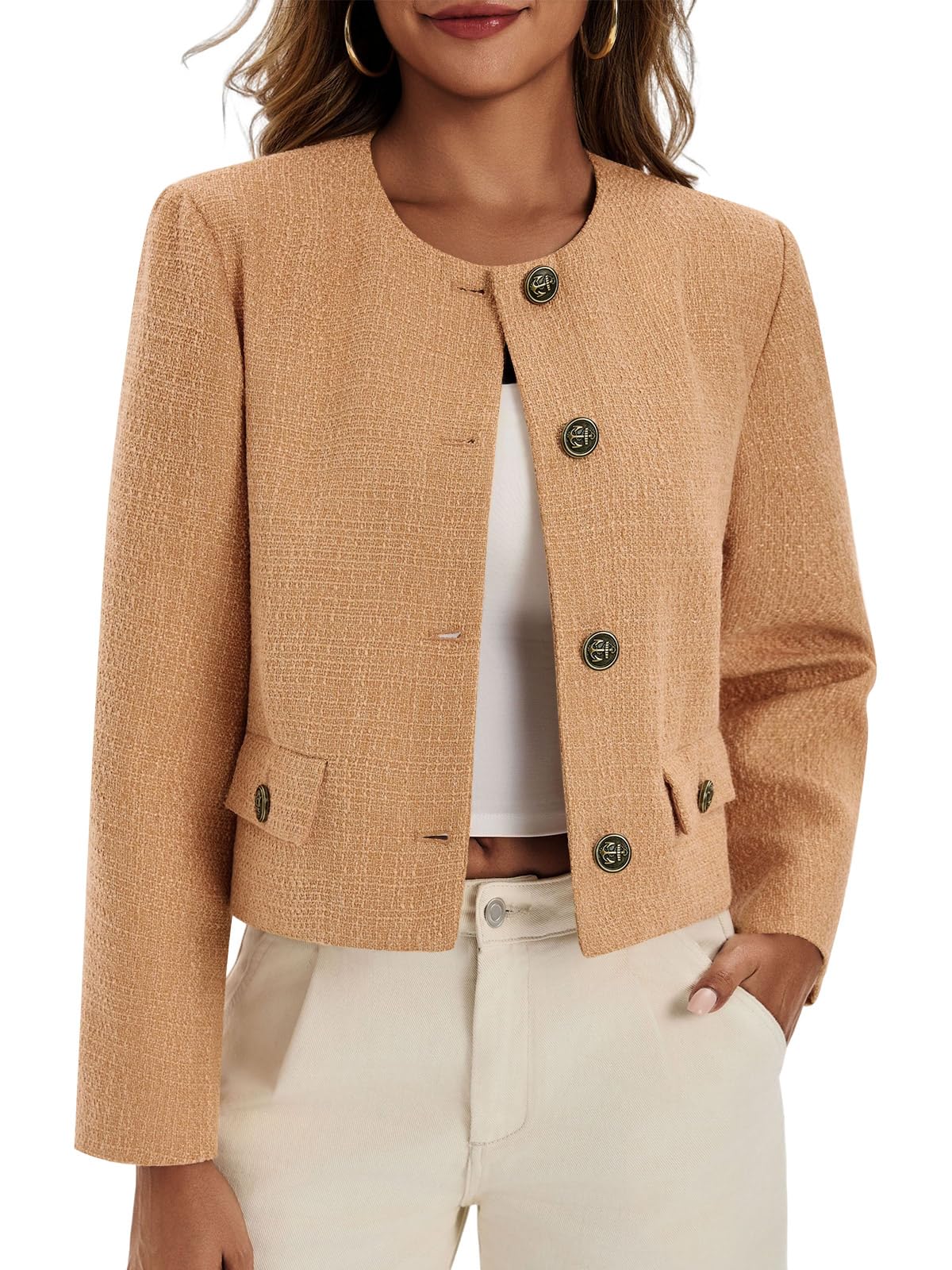 Cicy Bell Womens Cropped Tweed Blazer Collarless Button Down Bomber Jacket Business Casual Fall Outfits