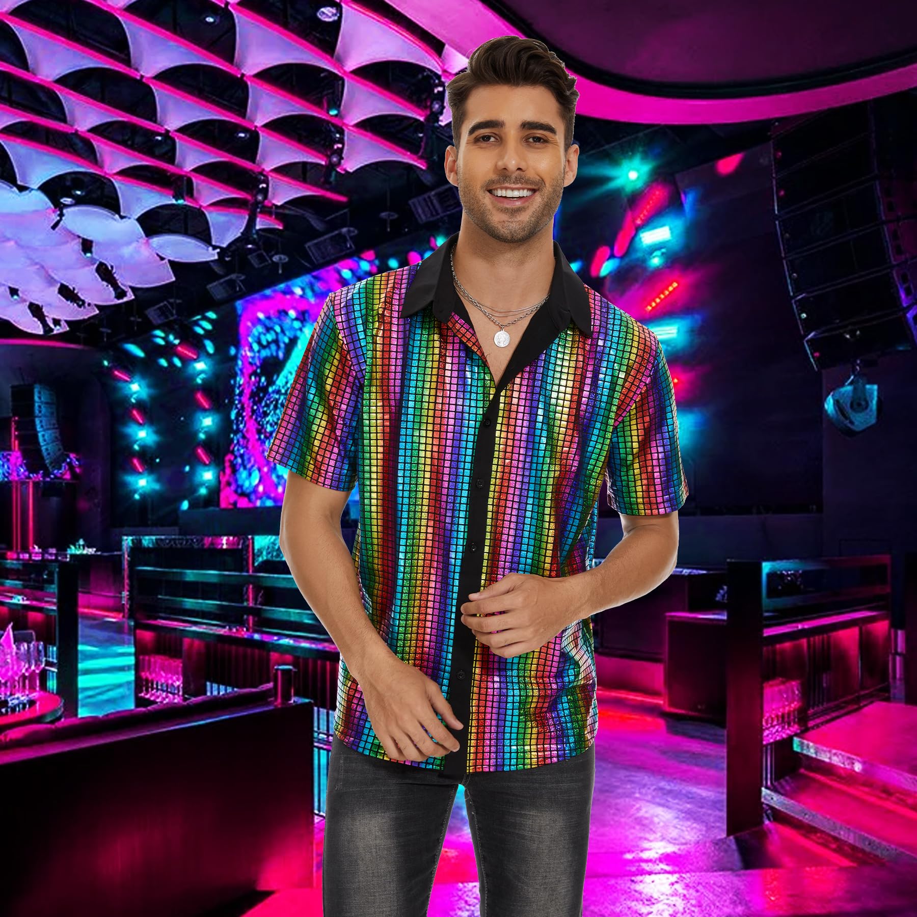 Zando Men's Sequin 70s 80s Disco Shirt - Retro Short Sleeve Button Up Costume Halloween New Year Party Outfit Top & Clubwear