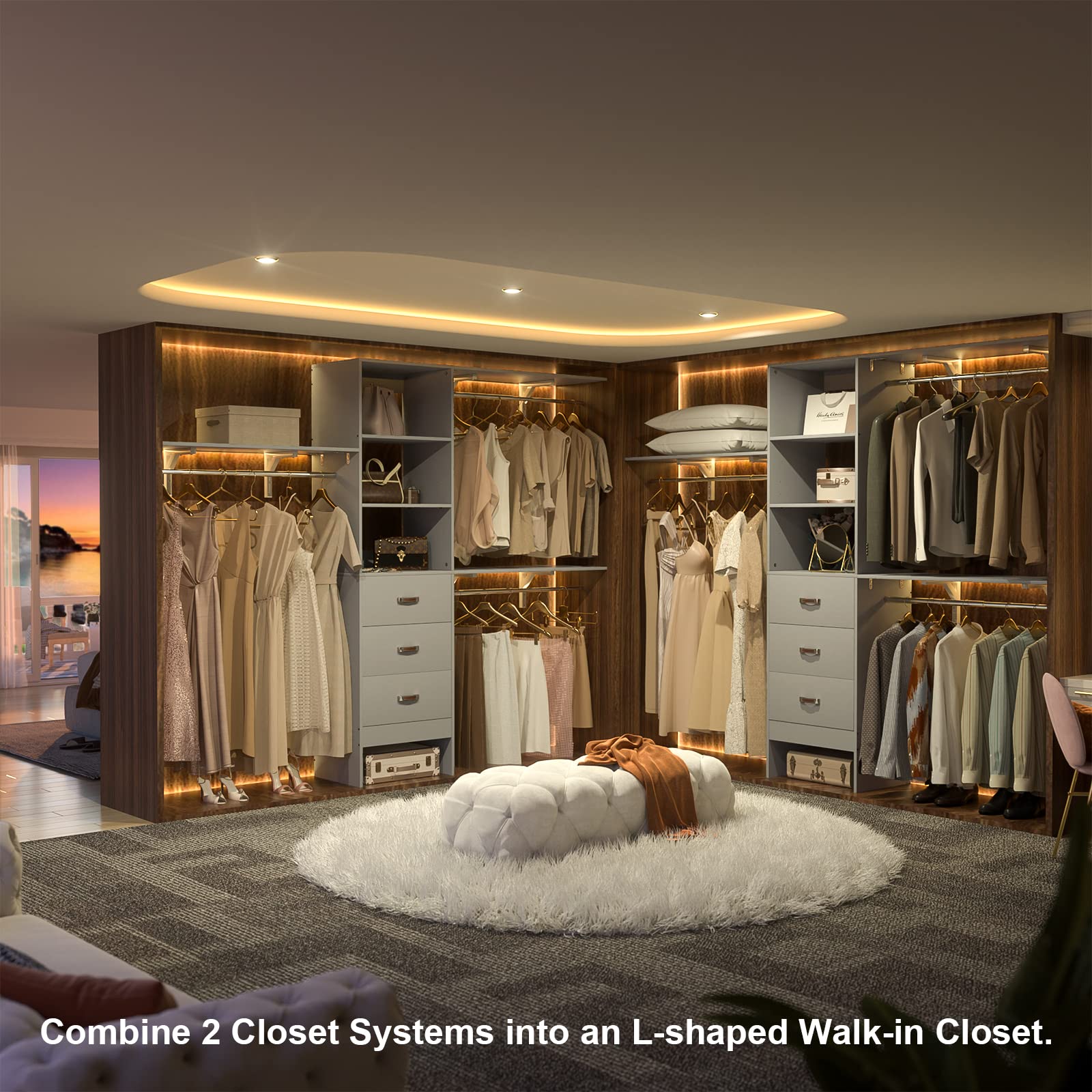 iSunirm 8FT Closet System, 96'' Closet Organizer System with 3 Hanging Rods, Wall Mount Bedroom Wardrobe with 3 Drawers Walk-in Closet, Adjustable Cloth Garment Rack from 5 to 8FT (Cut to Fit), Black