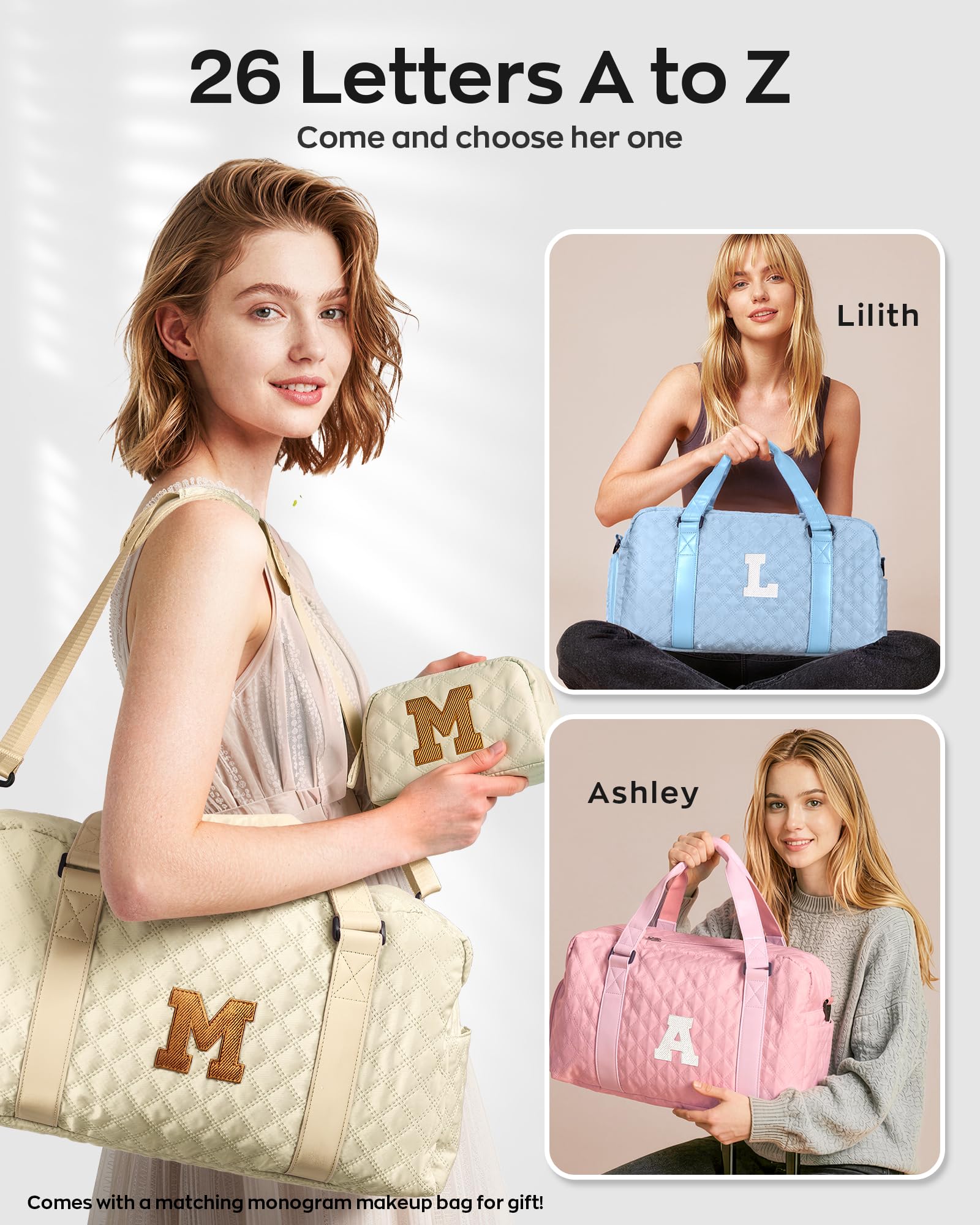 Elilier Initial Travel Duffle Bag Women Girls Gift: Personalized Weekender bags, Dance Cheer bag Sports for Girl, Kid Gymnastics Bags, Birthday Gifts for Women Girls Kids Teens Mom Teacher