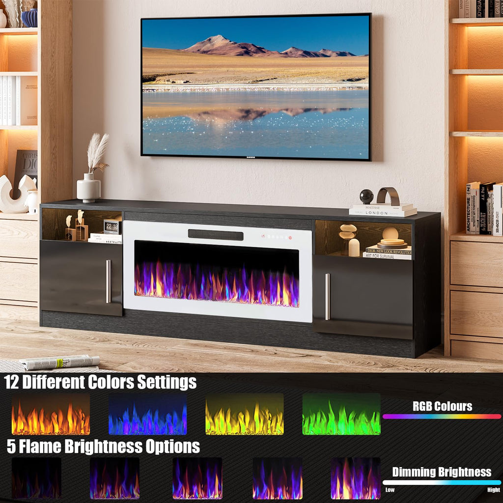 VITESSE 58 Inches Fireplace TV Stand for TVs up to 65 Inches Console with 18'' Electric Fireplace & Remote,Wooden Modern Entertainment Center for Living Room with LED Light Glass Shelves（Bei）