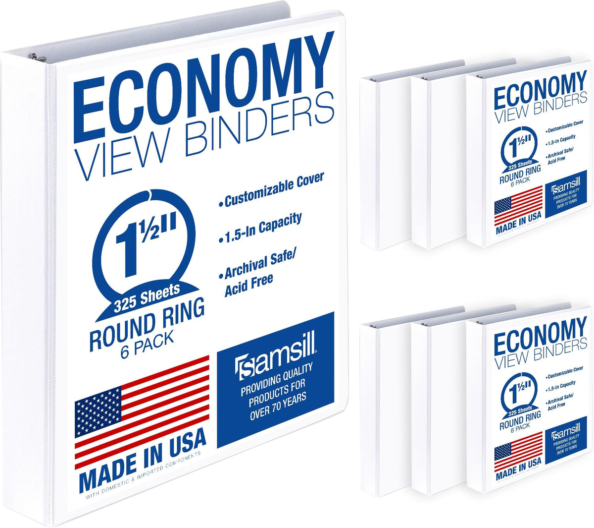 Samsill 1 Inch 3 Ring Binders, Economy Round Ring, Clear View Cover, 200 Sheet Capacity - for School, Home, Office - Blue, 4 Pack