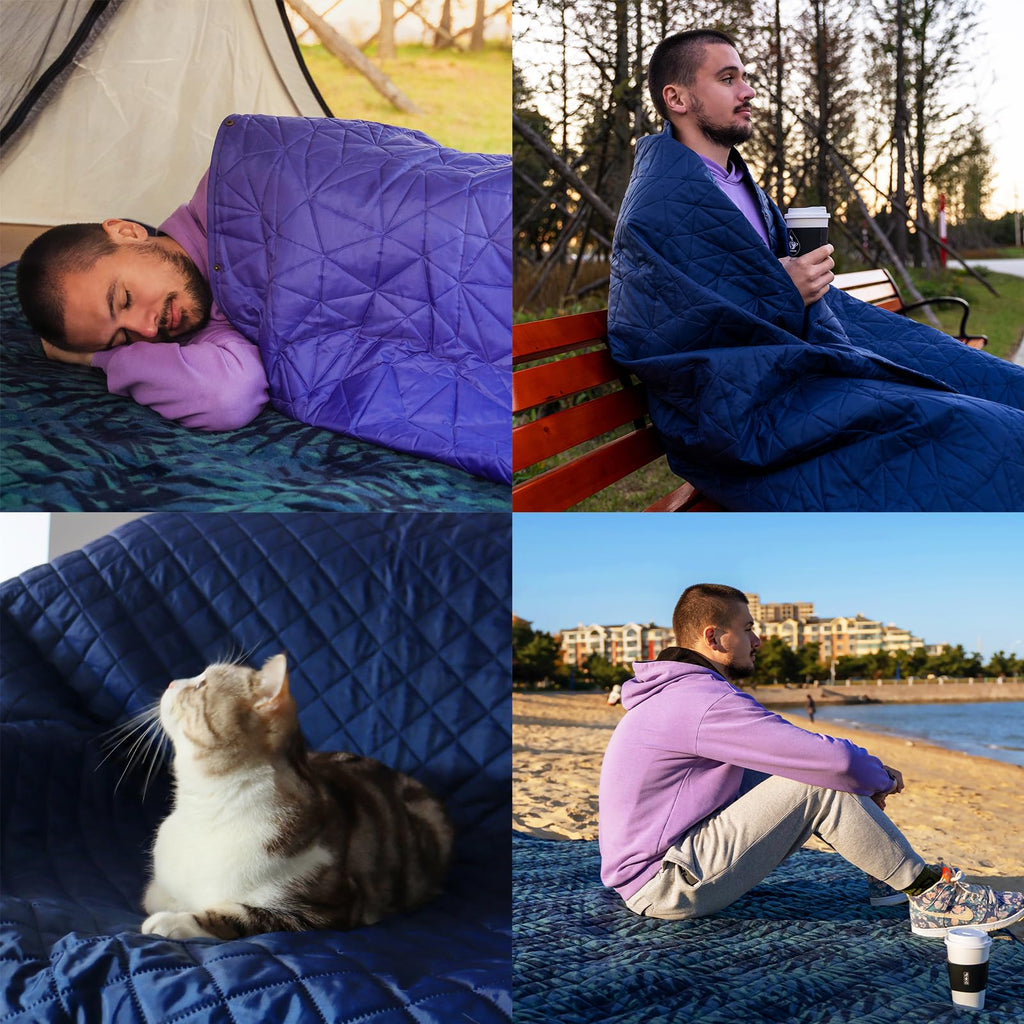 Large Outdoor Waterproof Blanket Extra Thick Fleece Stadium Blanket for Camping, Car, Pet, Picnics - Windproof, Wearable, Machine Washable 80" x 58" (Black Check)