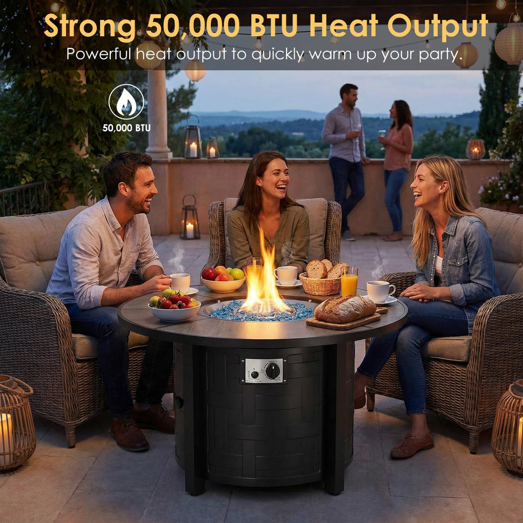 TLGREEN Propane Fire Pit Table 30 Inch Round – 50,000 BTU Outdoor Fire Pit with Lid, Converts to Patio Coffee Table, Certified, Includes Waterproof Cover & Blue Fire Glass(Grey)