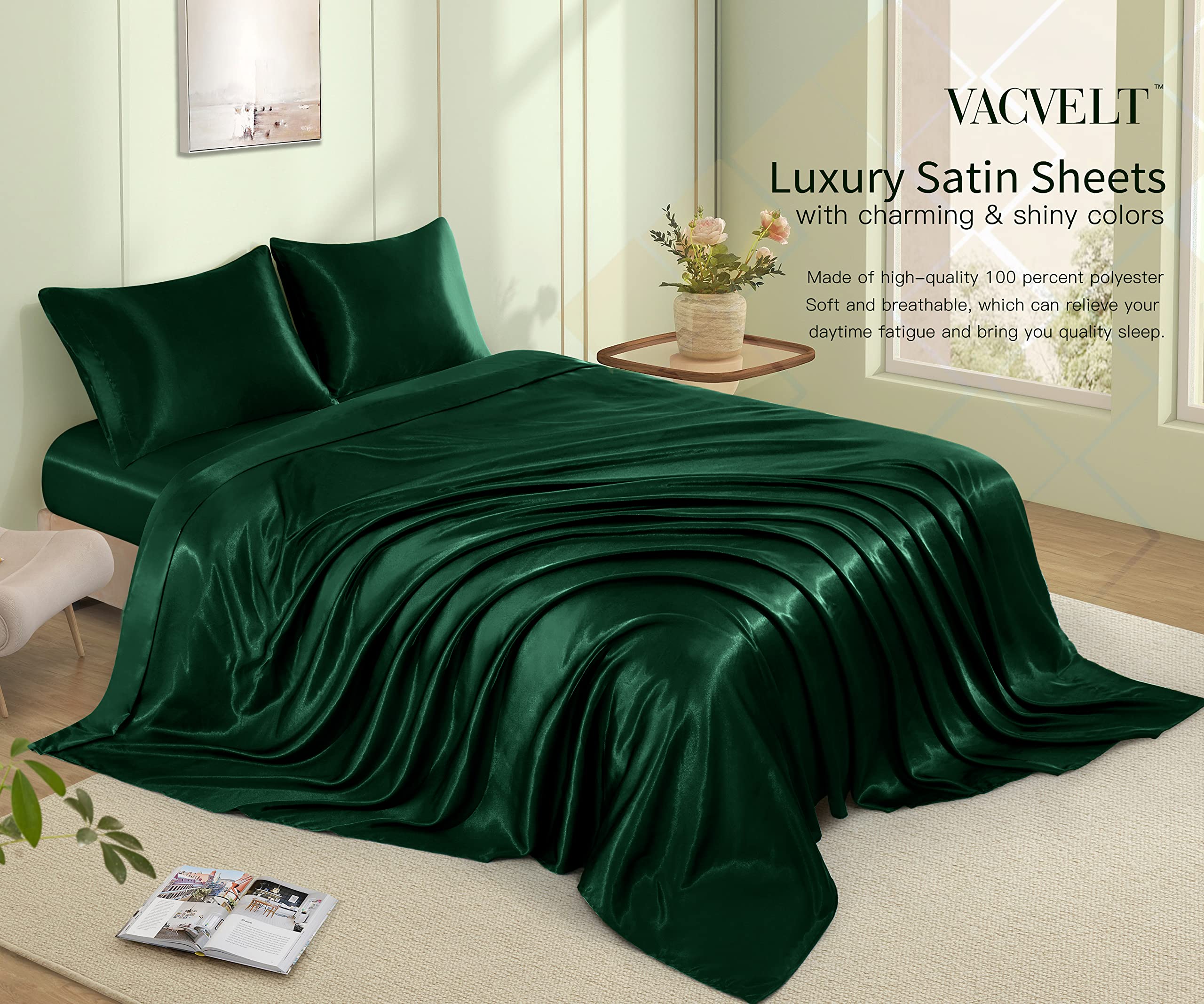 VACVELT 3pcs Beige Satin Sheets Twin Size Bed Set, 15 Inch Deep Pocket Silky Satin Sheet Set, Soft Satin Bedding Set Cooling & Luxury Bed Sheets, 1 Fitted Sheet + 1 Flat Sheet + 1 Pillowcase