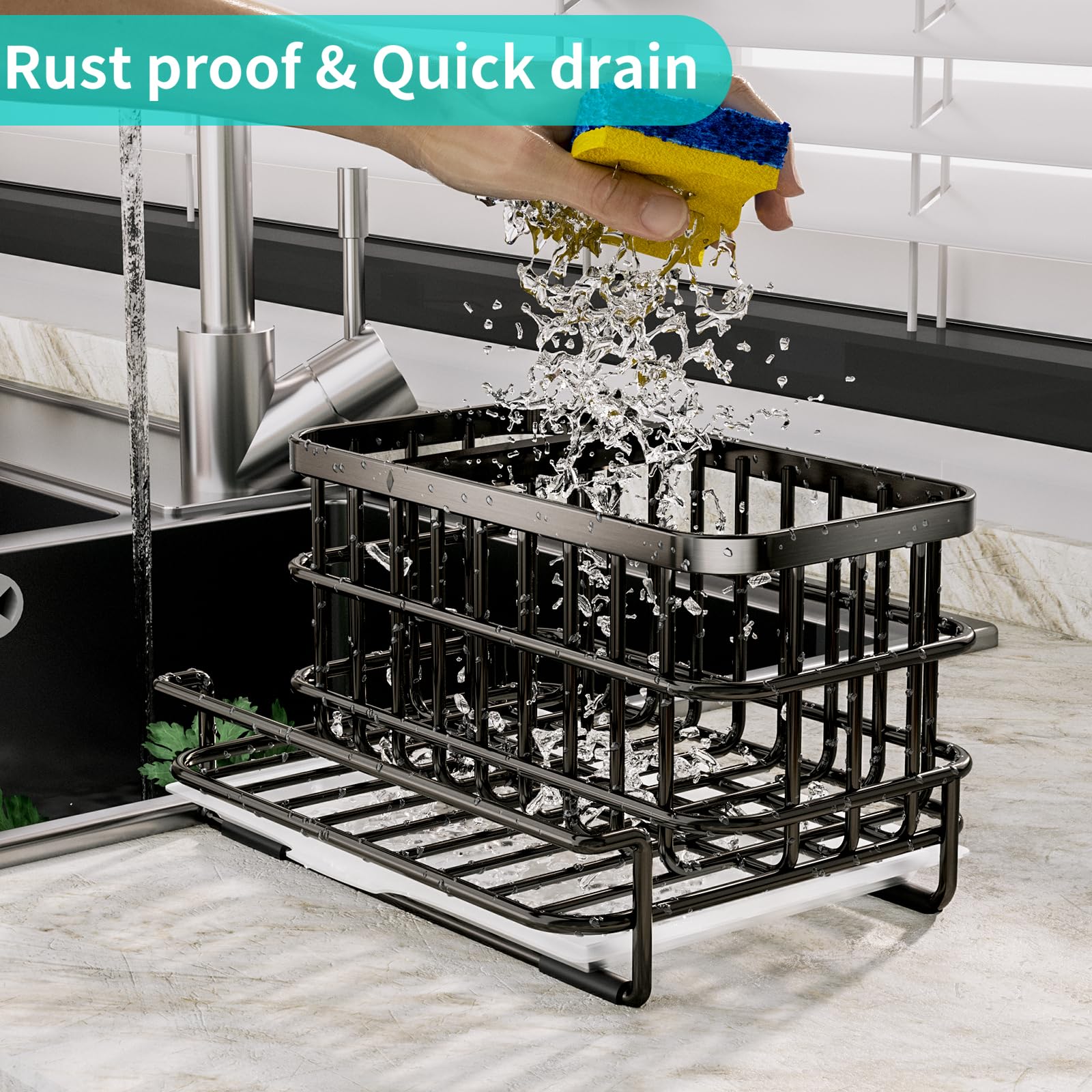 HapiRm Kitchen Sink Organizer, SUS304 Stainless Steel Rustproof Multifunctional Large Sink Caddy with Sponge Holder and Drain Tray for Kitchen Countertop (Silver)