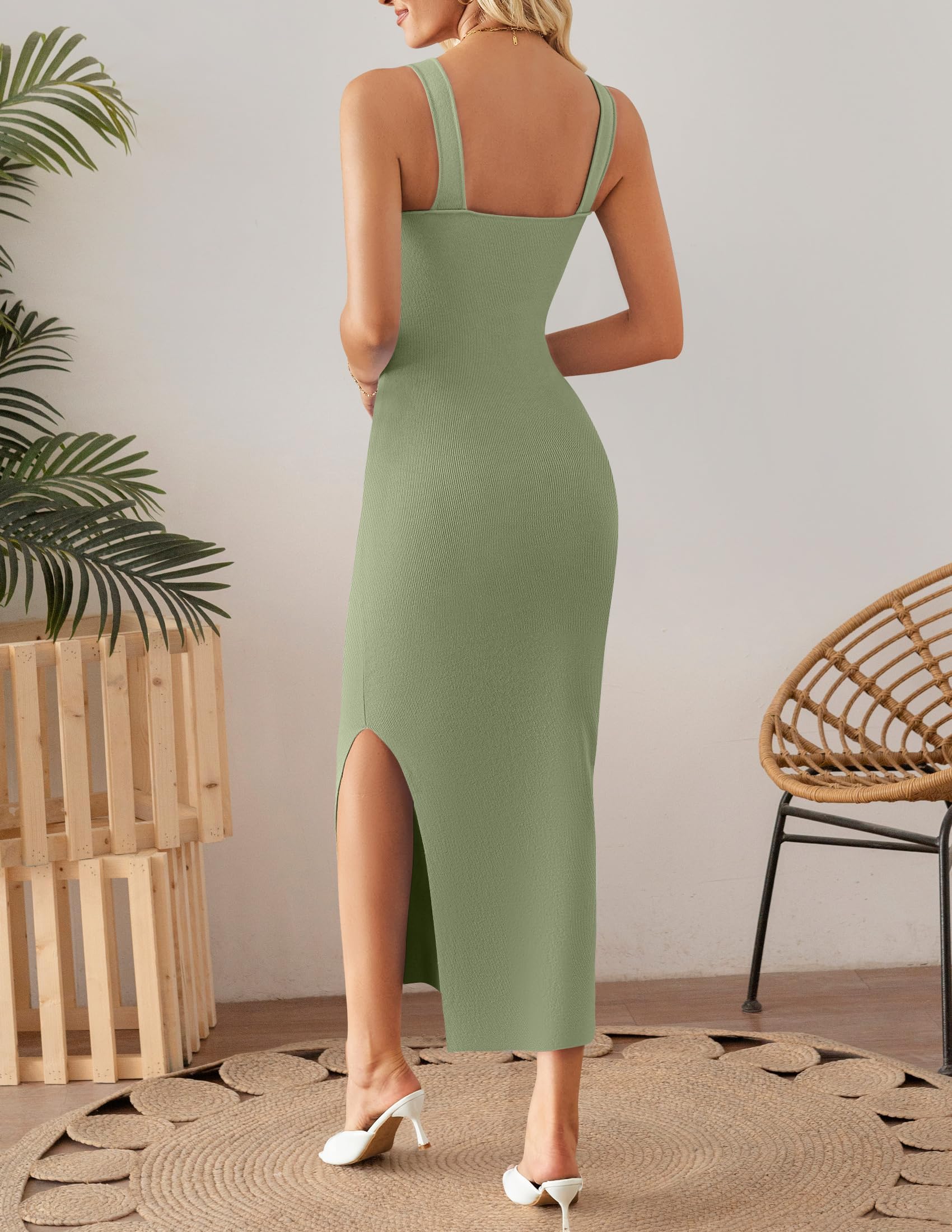 ZESICA Womens 2026 Summer Sleeveless Knit Bodycon Midi Dresses Square Neck Side Slit Beach Vacation Long Sweater Dress